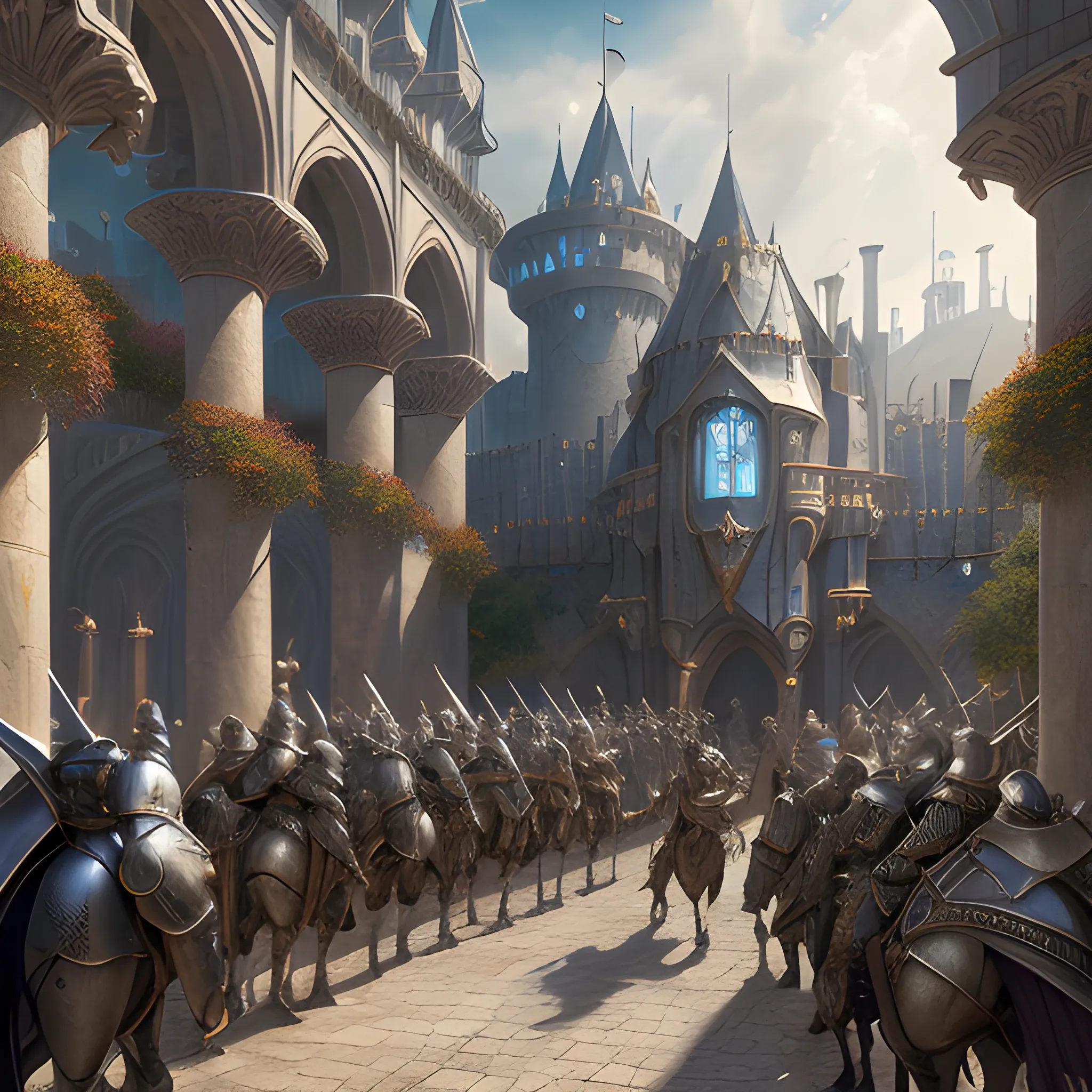 many knights in knight academy, outside, 8k, high resolution, high quality, photorealistic, hyperrealistic, detailed, detailed matte painting, deep color, fantastical, intricate detail, splash screen, complementary colors, fantasy concept art, 8k resolution trending on Artstation Unreal Engine,