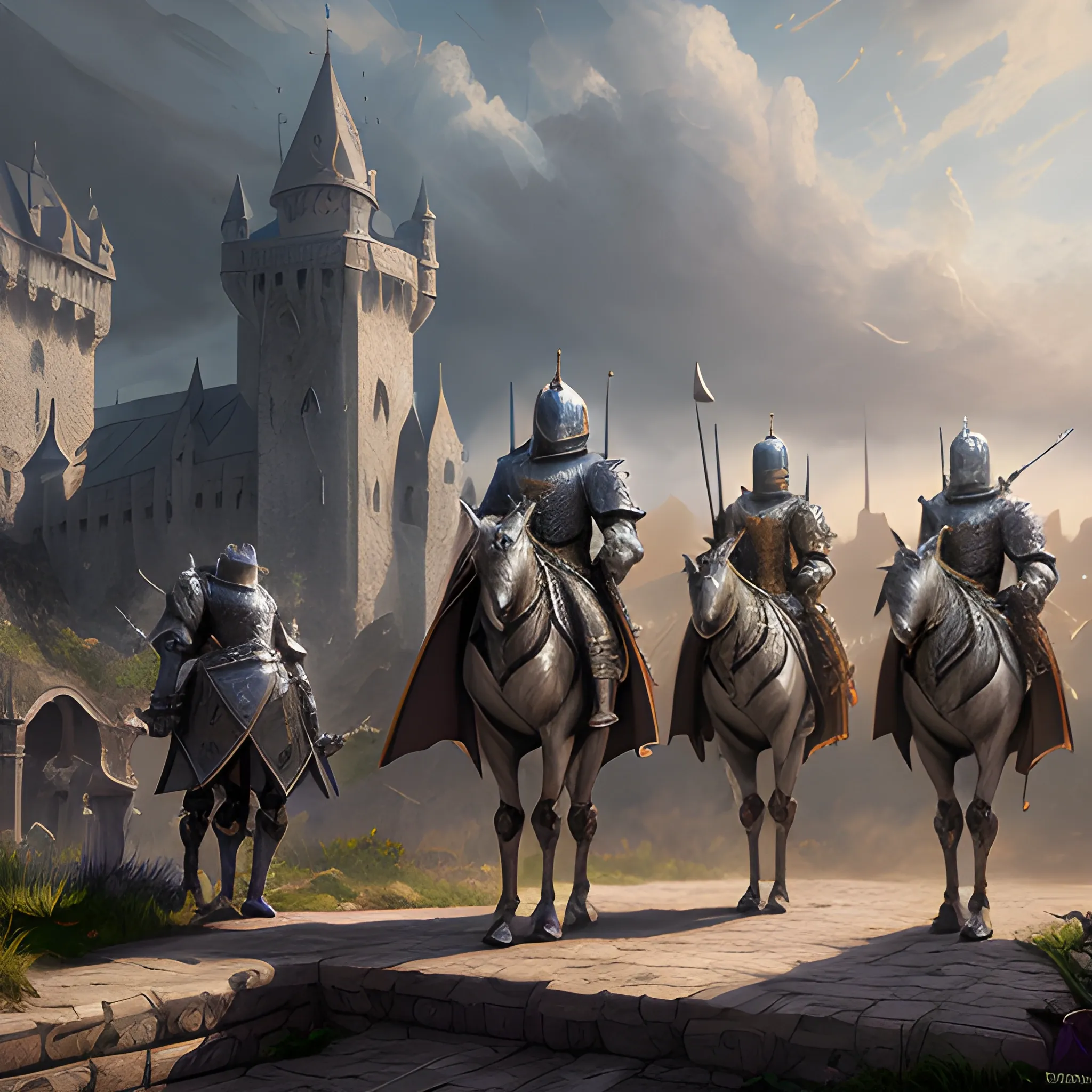 many knights in knight academy, outside, 8k, high resolution, high quality, photorealistic, hyperrealistic, detailed, detailed matte painting, deep color, fantastical, intricate detail, splash screen, complementary colors, fantasy concept art, 8k resolution trending on Artstation Unreal Engine,