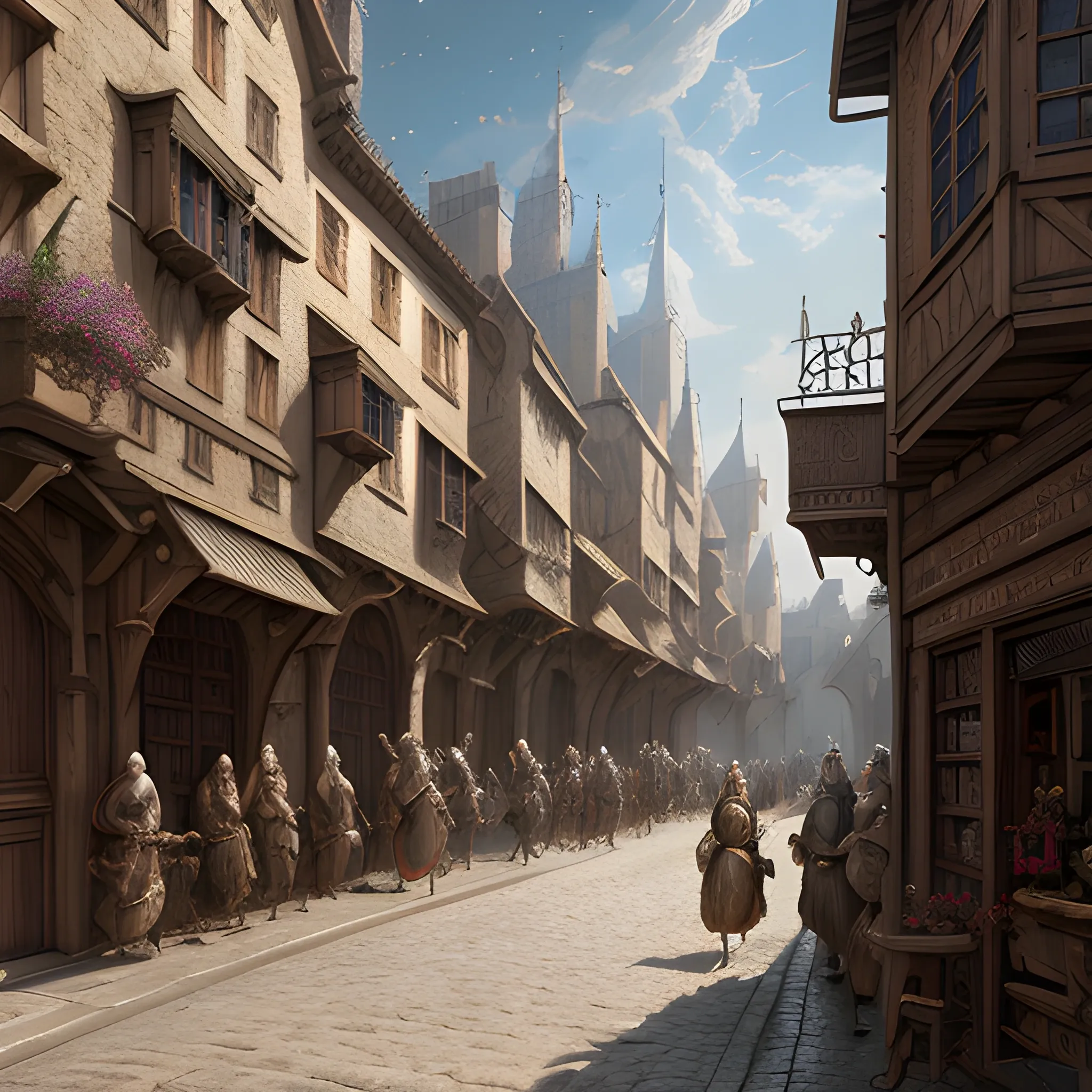 noble street, medieval, knights, rich district, 8k, high resolution, high quality, photorealistic, hyperrealistic, detailed, detailed matte painting, deep color, fantastical, intricate detail, splash screen, complementary colors, fantasy concept art, 8k resolution trending on Artstation Unreal Engine