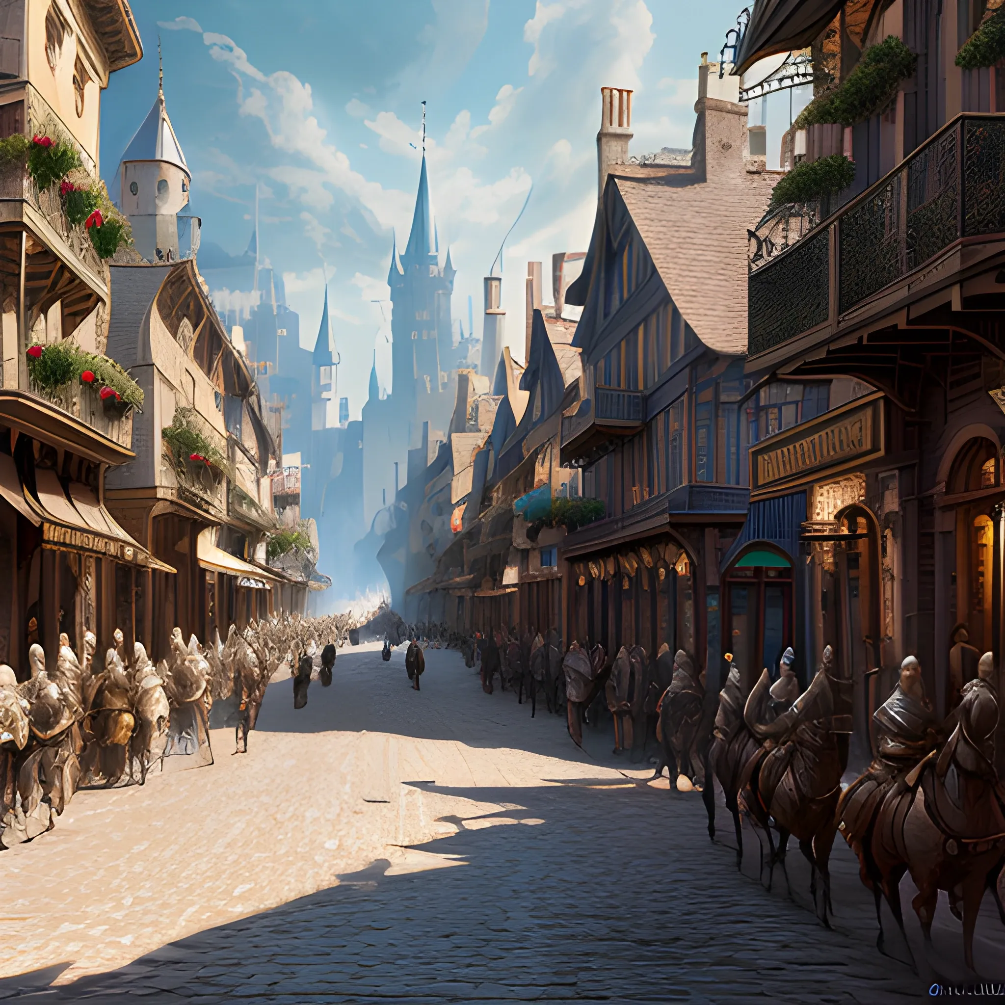 royal street, medieval, knights, rich district, 8k, high resolution, high quality, photorealistic, hyperrealistic, detailed, detailed matte painting, deep color, fantastical, intricate detail, splash screen, complementary colors, fantasy concept art, 8k resolution trending on Artstation Unreal Engine