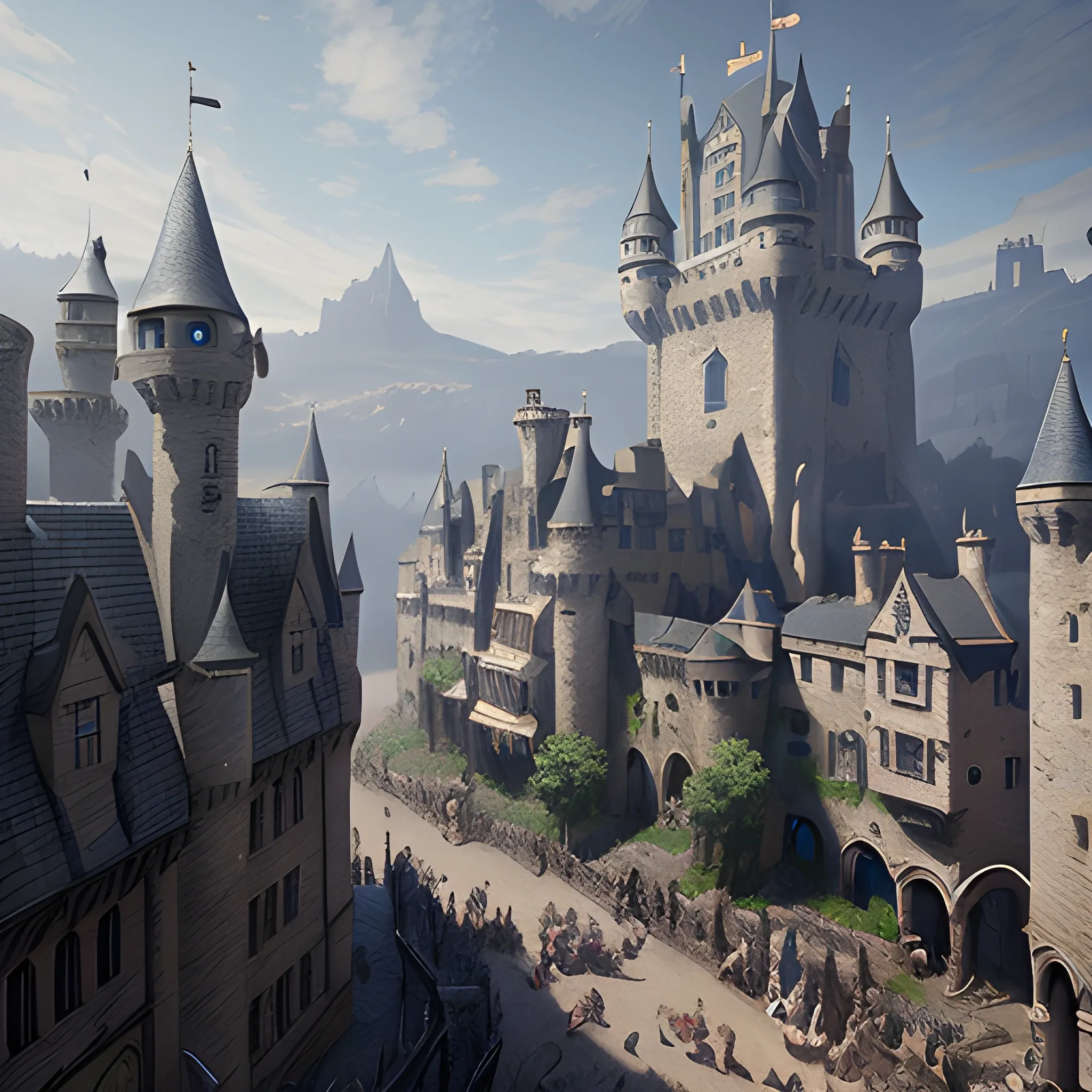 castle street, castle, white castle, medieval, fantasy, very rich, 8k, high resolution, high quality, photorealistic, hyperrealistic, detailed, detailed matte painting, deep color, fantastical, intricate detail, splash screen, complementary colors, fantasy concept art, 8k resolution trending on Artstation Unreal Engine