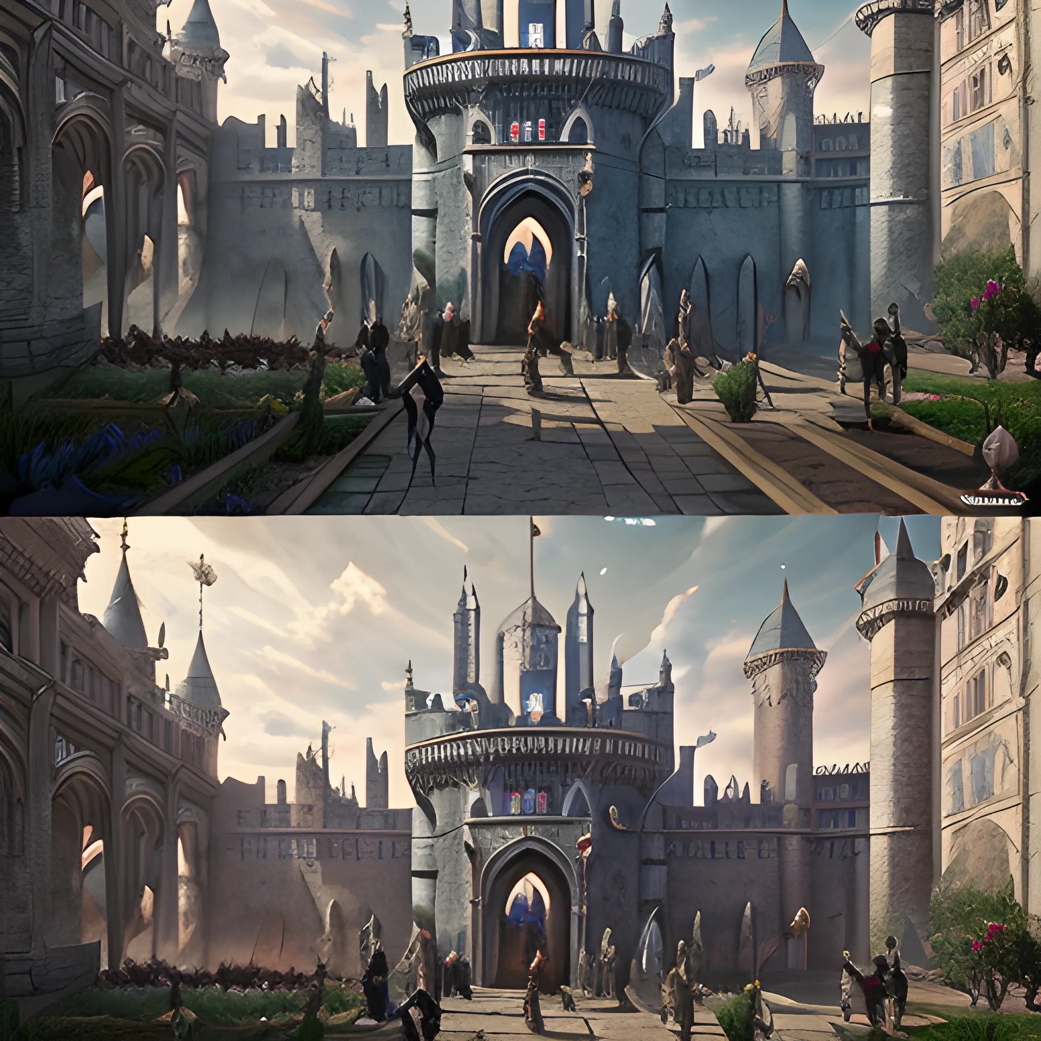 knights outside palace, medieval, fantasy, very rich, 8k, high resolution, high quality, photorealistic, hyperrealistic, detailed, detailed matte painting, deep color, fantastical, intricate detail, splash screen, complementary colors, fantasy concept art, 8k resolution trending on Artstation Unreal Engine