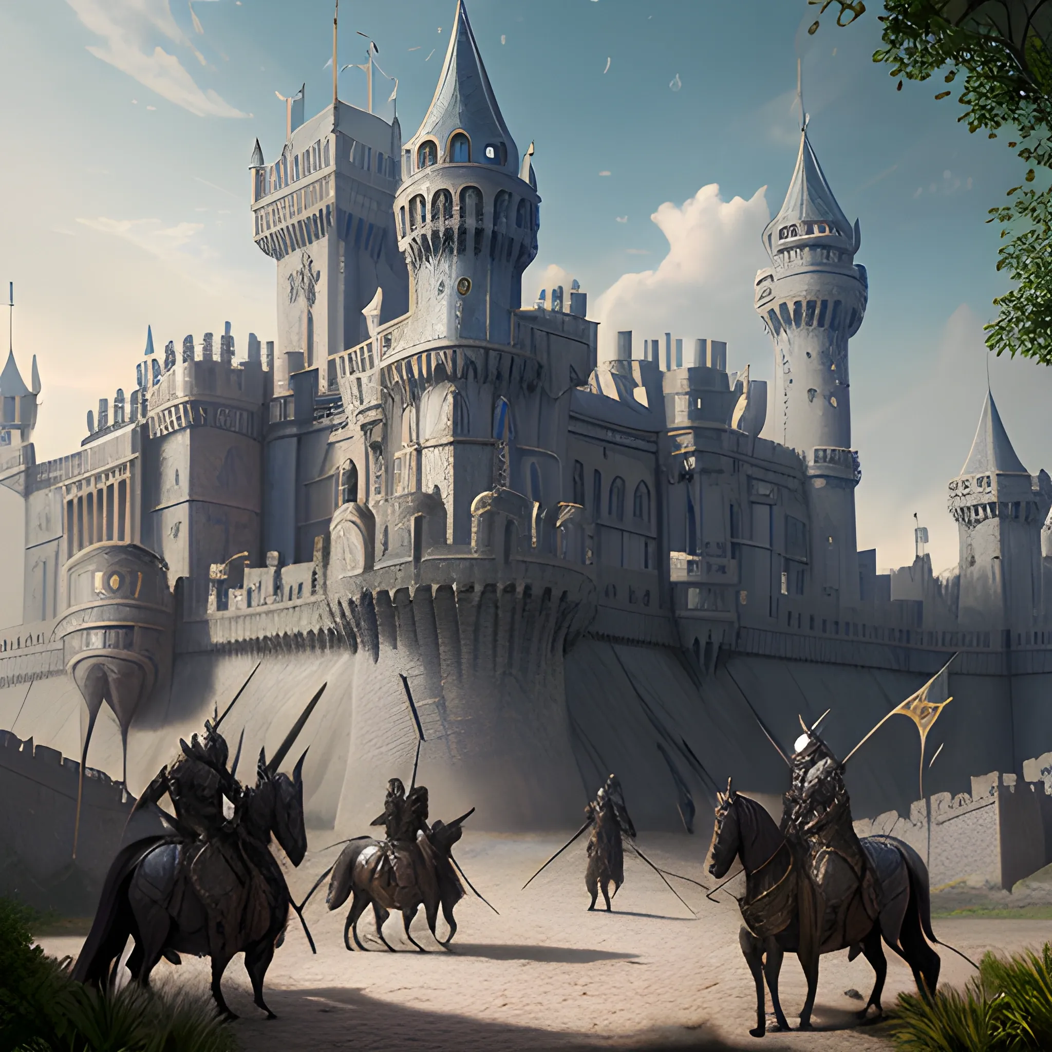 knights outside palace, medieval, fantasy, very rich, 8k, high resolution, high quality, photorealistic, hyperrealistic, detailed, detailed matte painting, deep color, fantastical, intricate detail, splash screen, complementary colors, fantasy concept art, 8k resolution trending on Artstation Unreal Engine