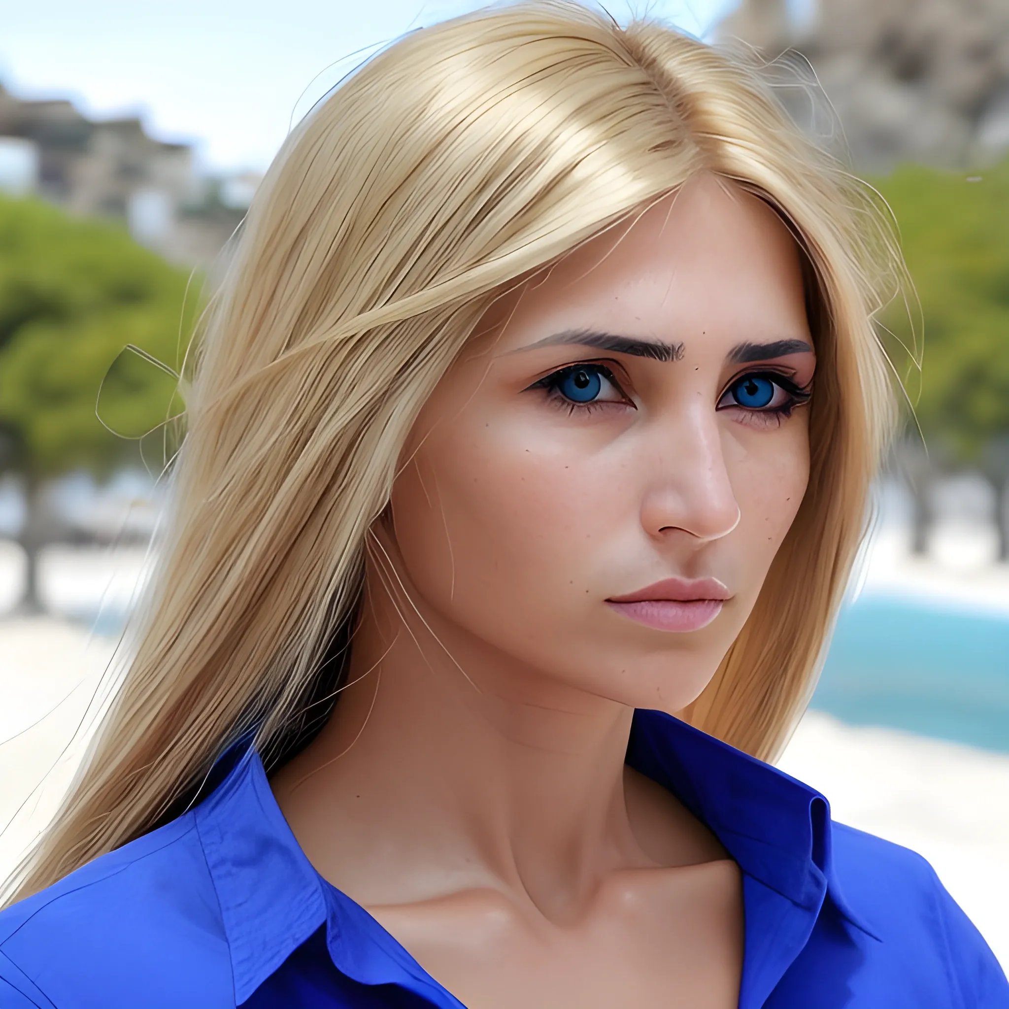 Una mujer, rubia, ojos azules, detalle alto, pelo largo, mirada de espalda, culo, pezon, pechos medianos, 