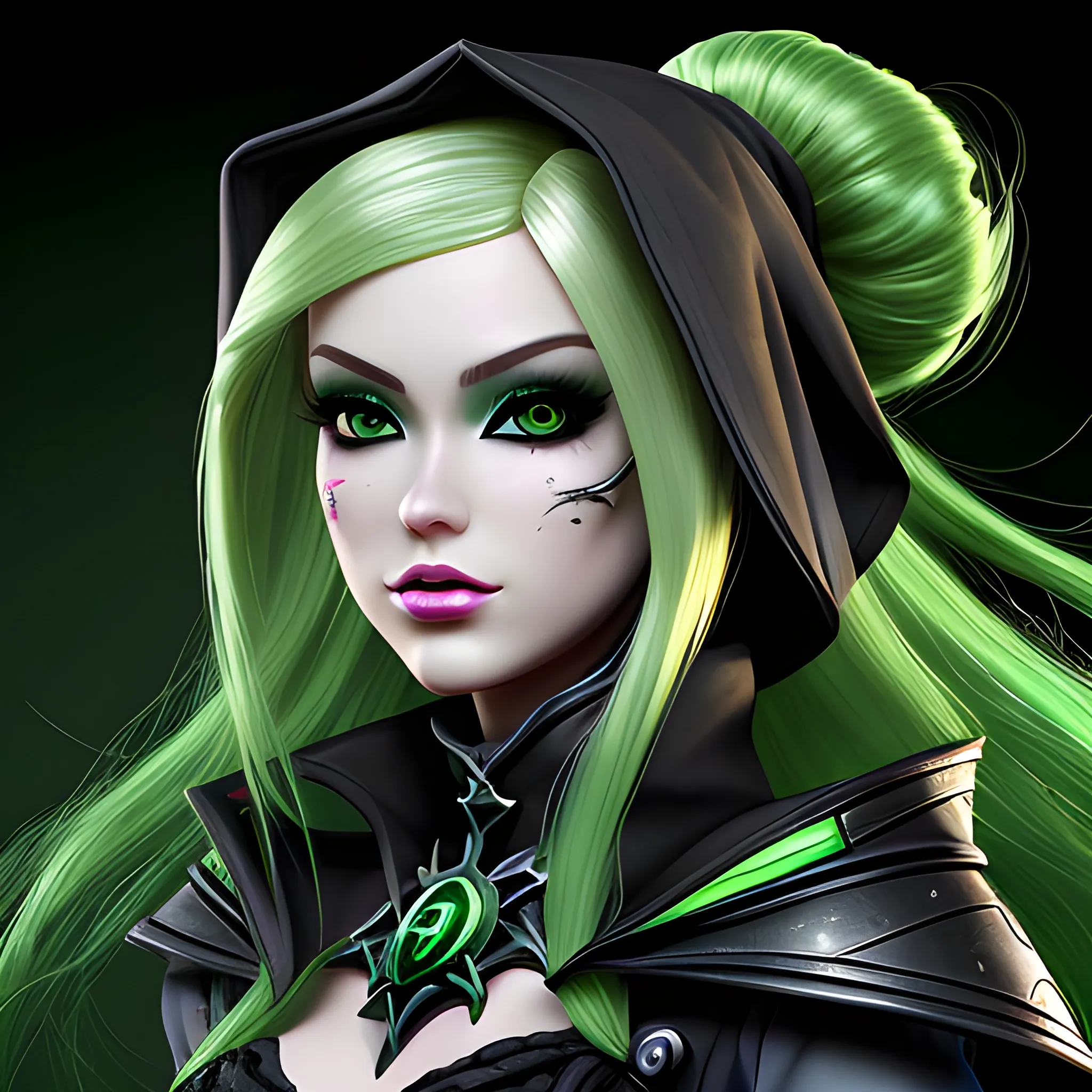 A hyper detailed, gaming style portrait of a beautiful woman, with beautiful barbie face, who is a character in a game like Dota 2, about magical adventures, witches and magicians, with blondie hair, wearing a fantasy style dark green and black wear, wrapped in black lines with beautiful dynamic background