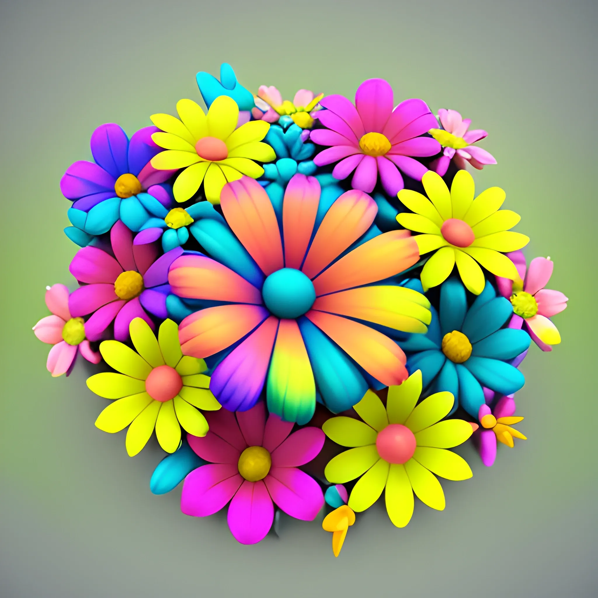 generar render 3d ,efecto plástico de un ave multicolor entre flores silvestre con colores vibrantes, 3D