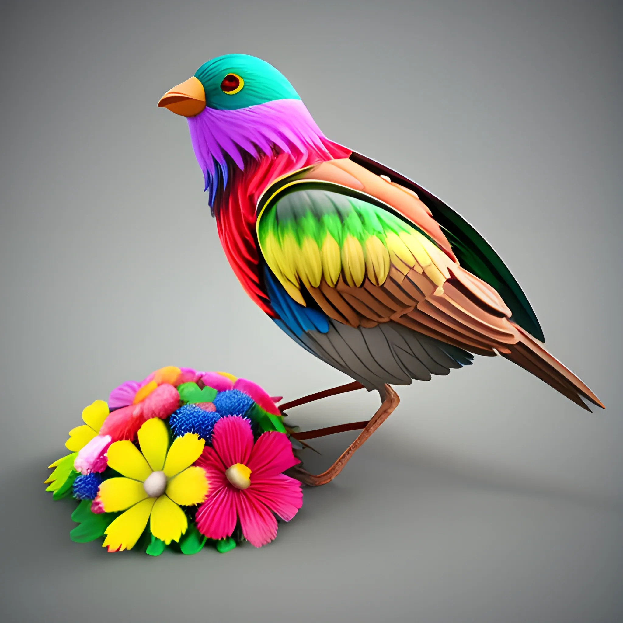 generar render 3d ,efecto plástico de un pajaro carpitero  multicolor, flores silvestre con colores vibrantes, 3D