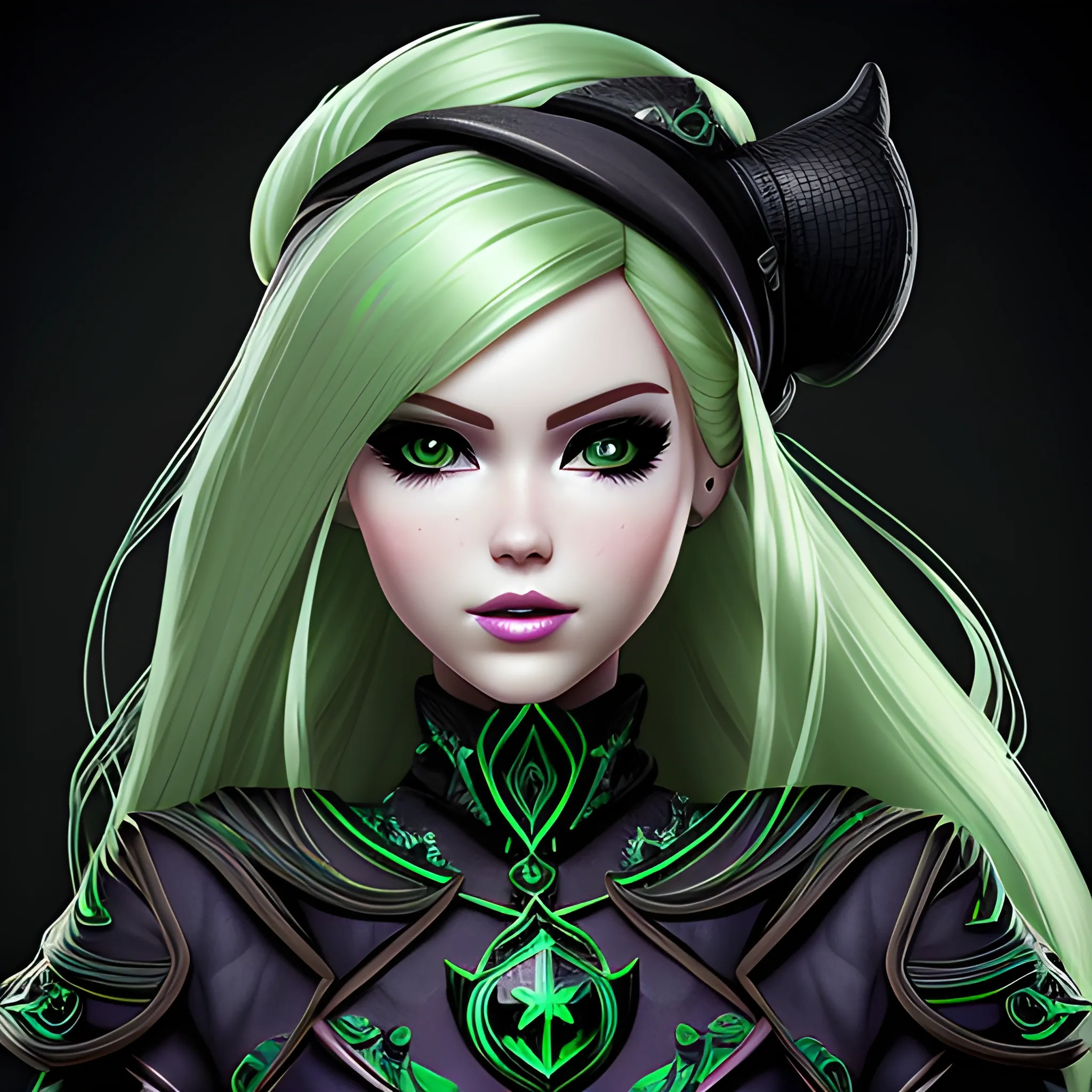 A hyper detailed, gaming style portrait of a beautiful woman, with beautiful barbie face, who is a character in a game like Dota 2, about magical adventures, witches and magicians, with blondie hair, wearing a fantasy style dark green and black wear, wrapped in black lines with beautiful dynamic background