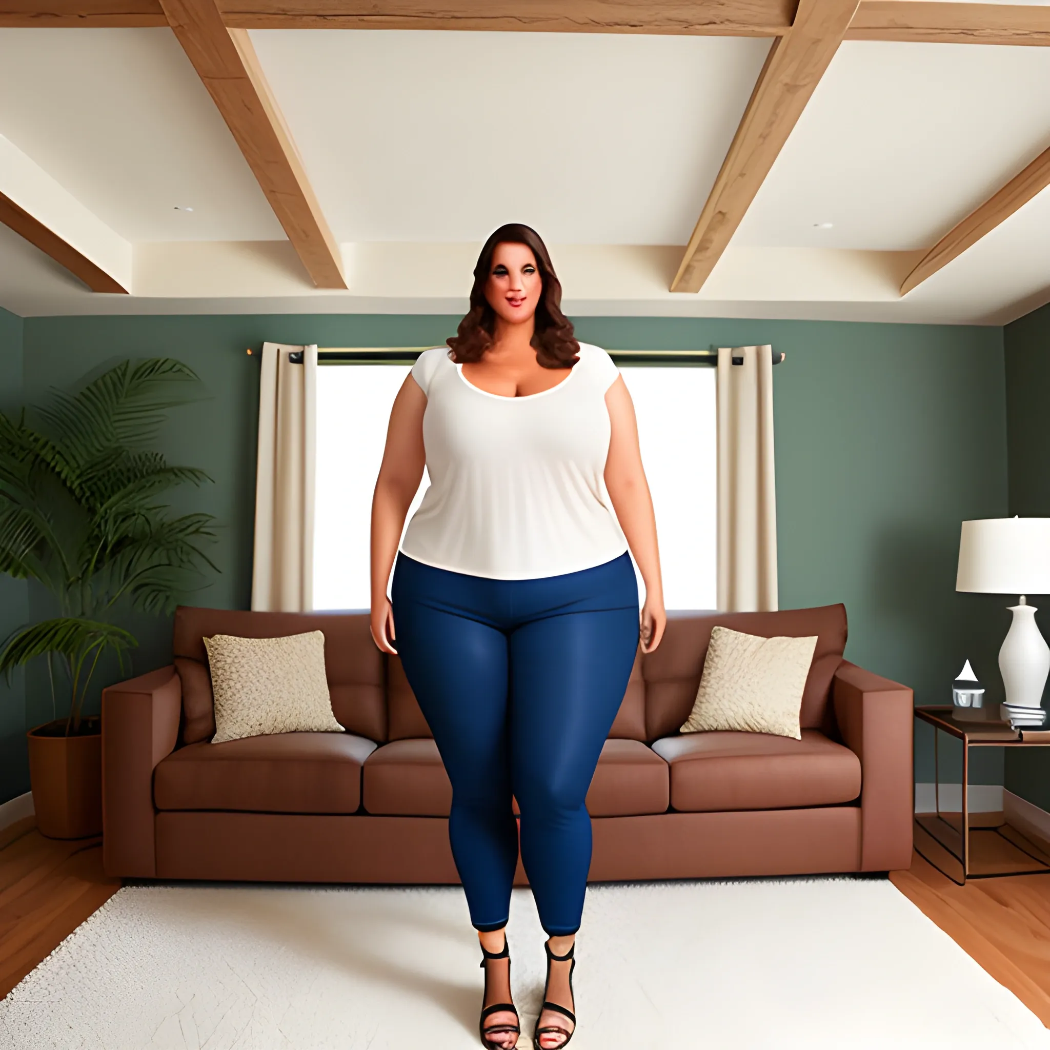tall plus size daughter under living room ceiling 