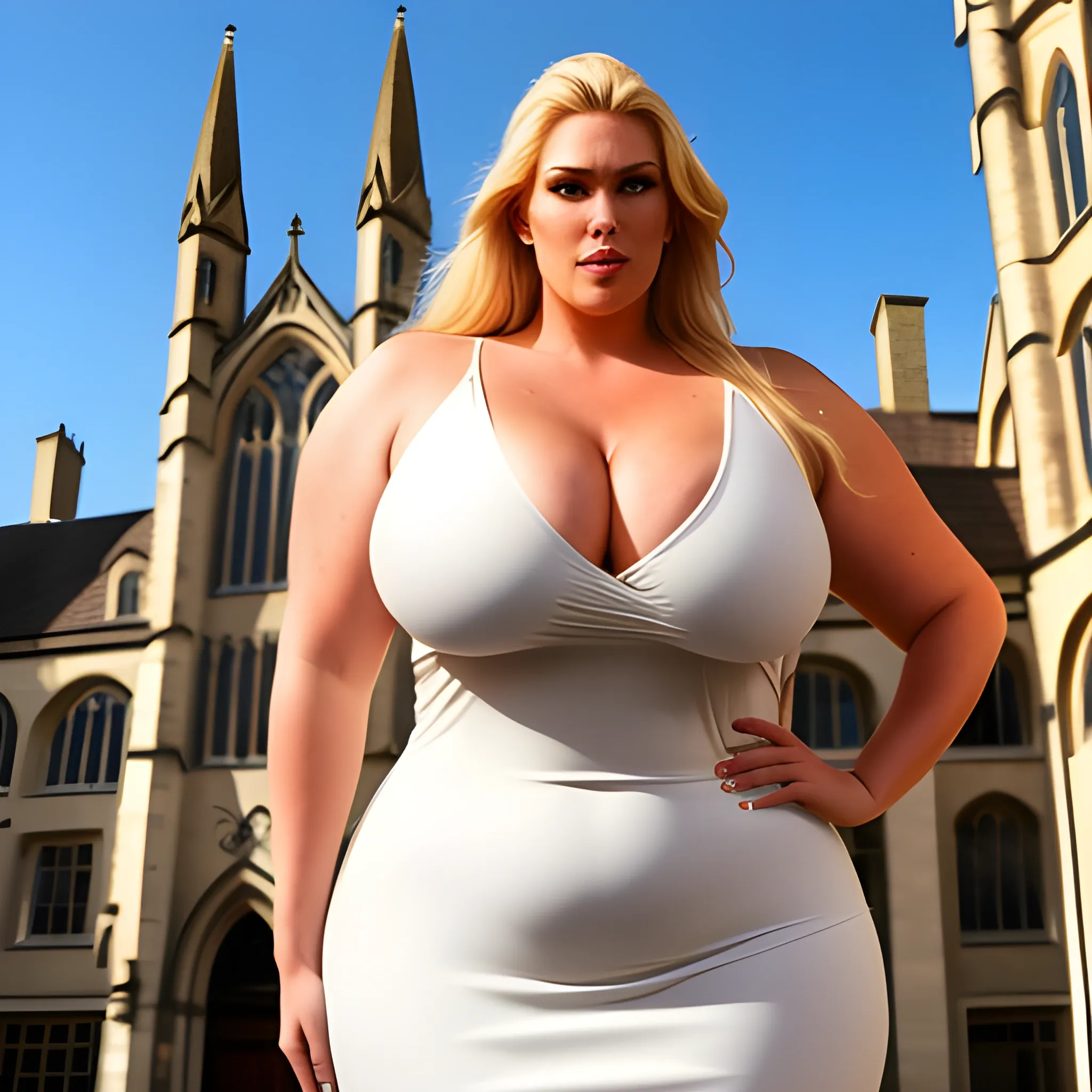 huge and very tall, not quite plus size, friendly beautiful blonde girl with small head and broad shoulders, full voluptuous straight body and long legs in short tight dress, towerring among other students and teachers in schoolyard