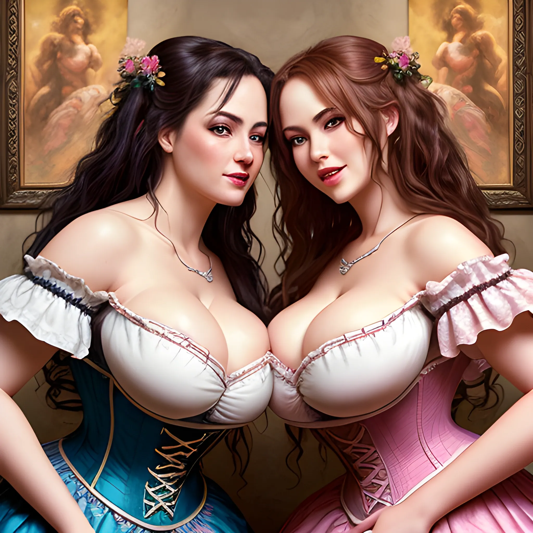 Two hyper beautiful big bosomed curvy busty voluptuous barmaids facing each other passionately hugging around the waist dynamically flirtatiously touching, Fantastic painting portrait masterpiece by Karol Bak, Zhaoming Wu, Akihito Yoshida, bokeh, beautiful hyper dynamic cleavage, hyper dynamically fondling, her hands hyper dynamically cupping cleavage, hyper lover dynamic, hyper dynamic, hyper perfect anatomy, hyper dynamic zoom, hyper enticing dynamic, hyper flirty dynamic, hyper flirtatiously dynamically both facing viewer each other hyper dynamically passionately hugging around the waist pose, hyper flirty expressions dynamic, skin shine, hyper dynamic hair styles, shiny hair, hyper beautiful face, hyper realistic, hyper beautiful face, wearing hyper detailed off shoulder high slit peasant dress with corset, hyper detailed traditional medieval bedroom interior background, HD, 8k, photography