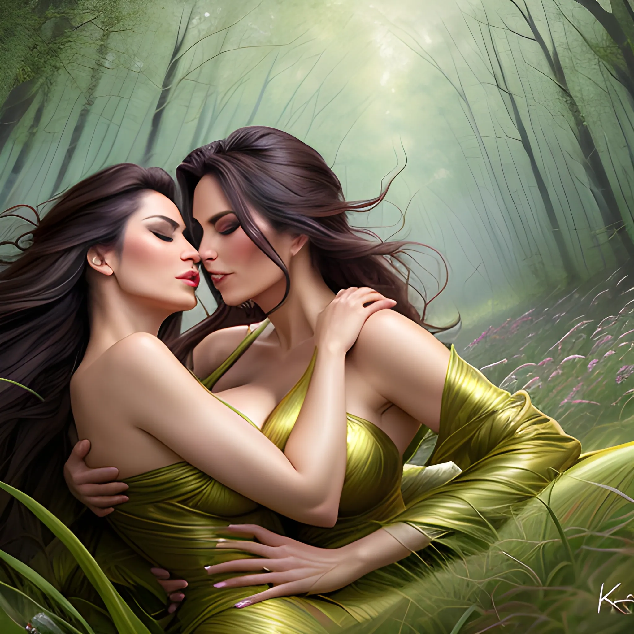 two hyper dynamically different beautiful ethnic girls hyper dynamically lying on back in grassy woodland clearing, hyper dynamically passionately kissing, hyper dynamic aerial shot, Fantastic painting portrait masterpiece by Karol Bak, Zhaoming Wu, Akihito Yoshida, bokeh, beautiful hyper dynamic cleavage, hyper dynamically fondling, hyper lover dynamic, hyper dynamic, hyper perfect anatomy, hyper dynamic zoom, hyper enticing dynamic, hyper flirty dynamic, hyper passionate dynamic laying on back kissing pose, arched back dynamic, hyper flirty expressions dynamic, pressed together and dynamically touching each other, skin shine, hyper dynamic hair styles, shiny hair, hyper beautiful face, hyper realistic, hyper beautiful face, wearing hyper detailed hyper dynamic bright silk off shoulder kimonos, hyper detailed dynamic aerial shot of grassy woodland clearing background, HD, 8k, photography