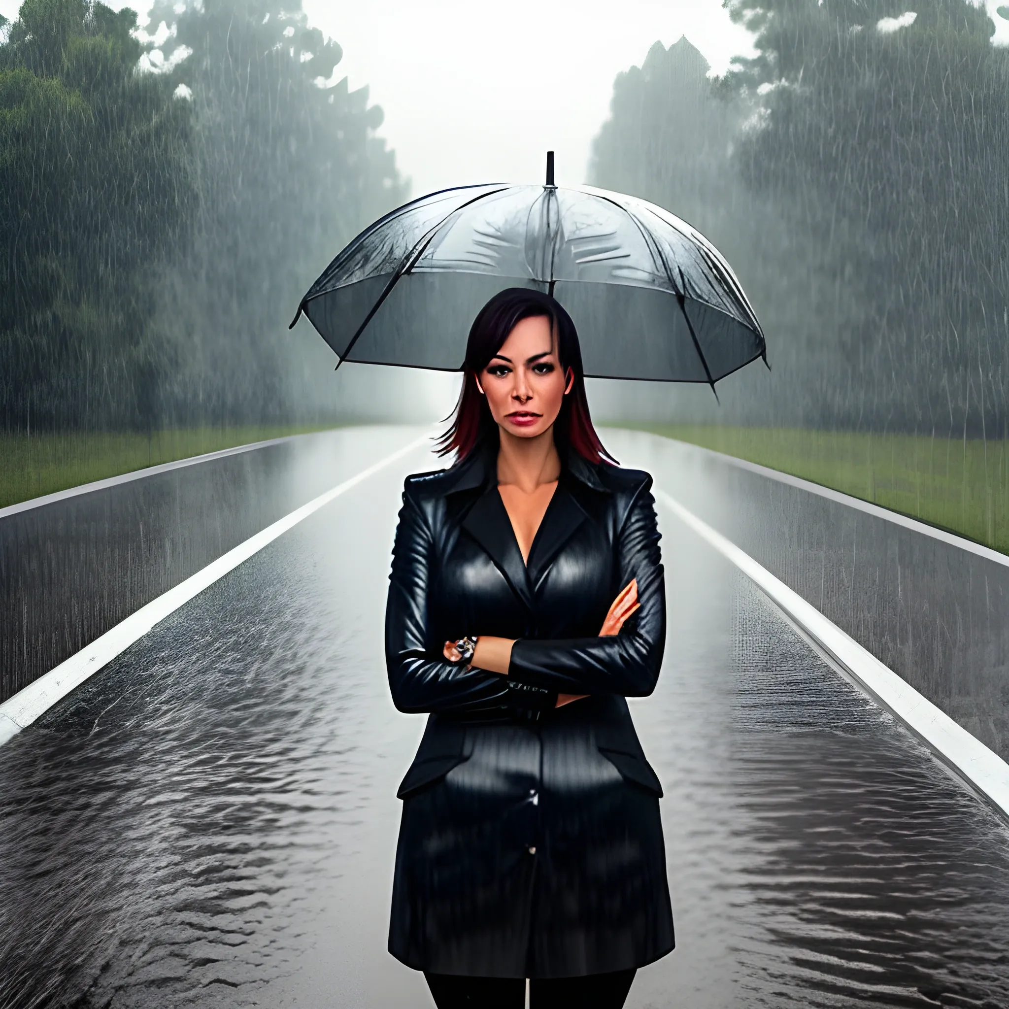 Rainy road,two girl waiting for the truck.she has a mobile 