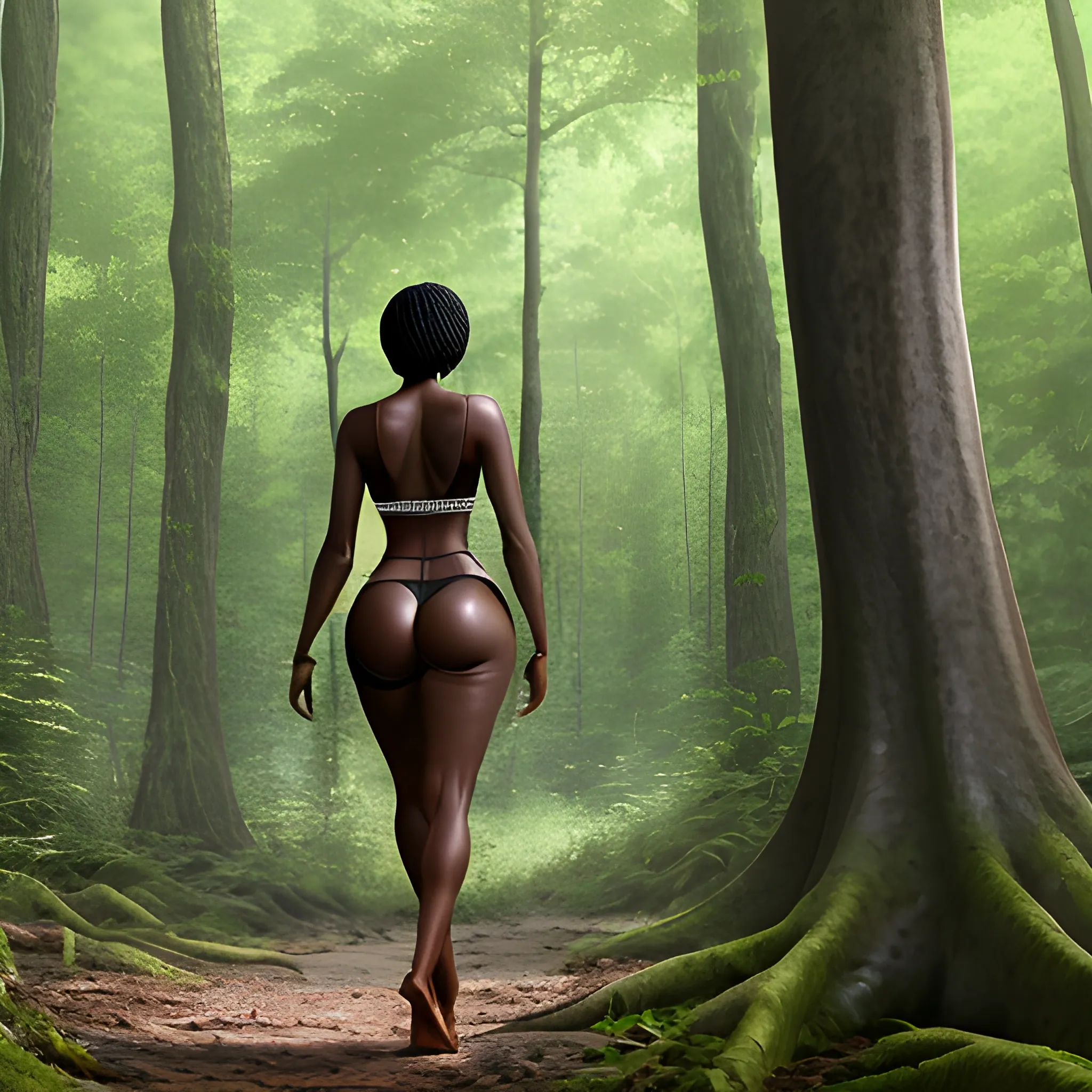 a woman in a forest with her back to the camera and a man in the background, breasts, looking_at_viewer, short_hair, multiple_girls, black_hair, 2girls, bare_shoulders, jewelry, medium_breasts, underwear, standing, panties, ass, earrings, outdoors, parted_lips, solo_focus, day, looking_back, dark_skin, from_behind, dark-skinned_female, tree, lips, crop_top, back, nature, armlet, forest, thong, realistic, bracer