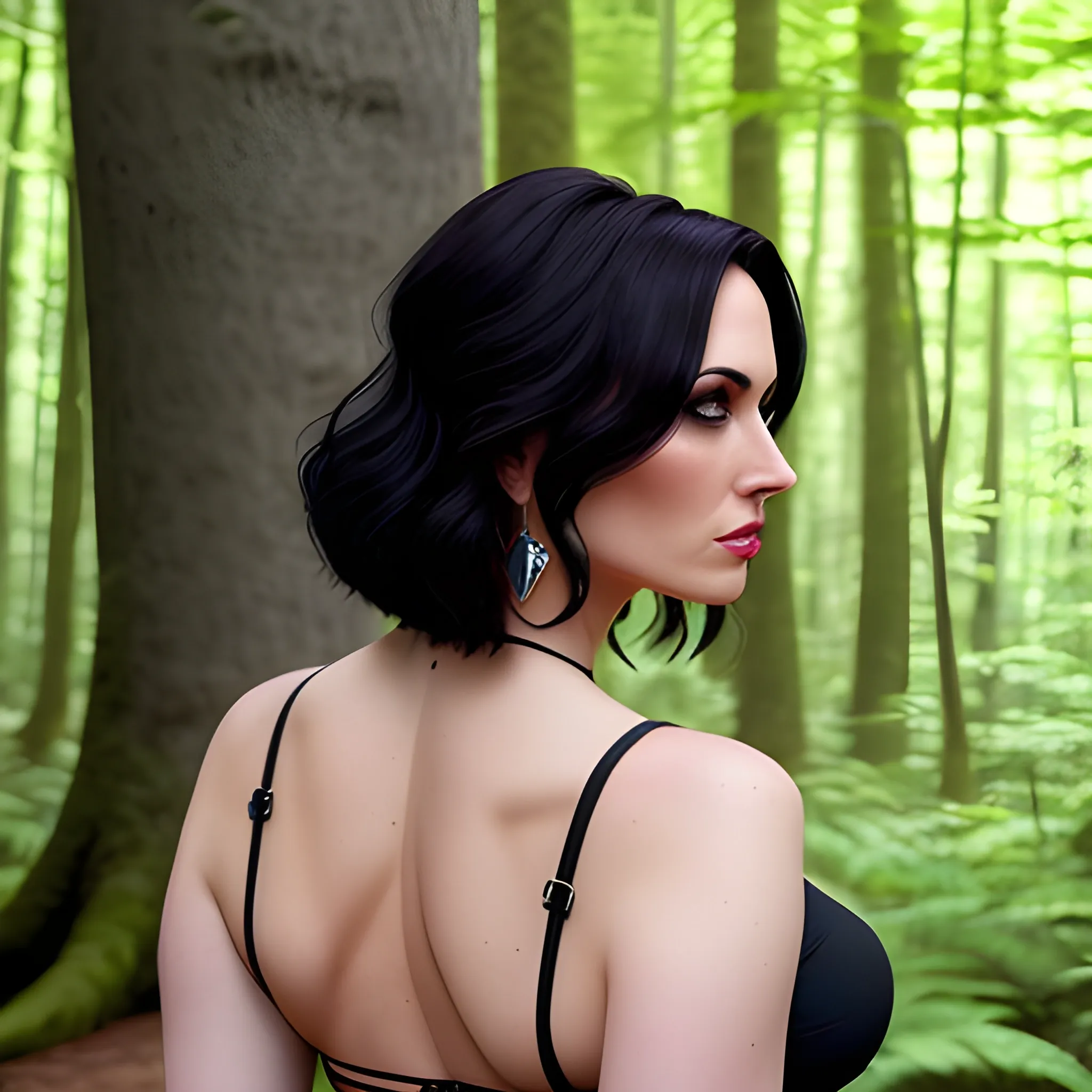 a white woman in a forest with her back to the camera and a man in the background, breasts, looking_at_viewer, short_hair, multiple_girls, black_hair, 2girls, bare_shoulders, jewelry, medium_breasts, underwear, standing, without panties, ass, pussy earrings, outdoors, parted_lips, solo_focus, day, looking_back, from_behind, tree, lips, crop_top, back, nature 