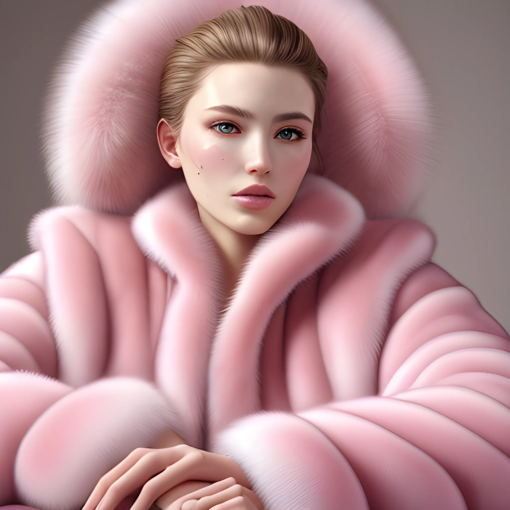 best quality, masterpiece, ultra high res, photorealistic, detailed skin, pink fur coat, lounging