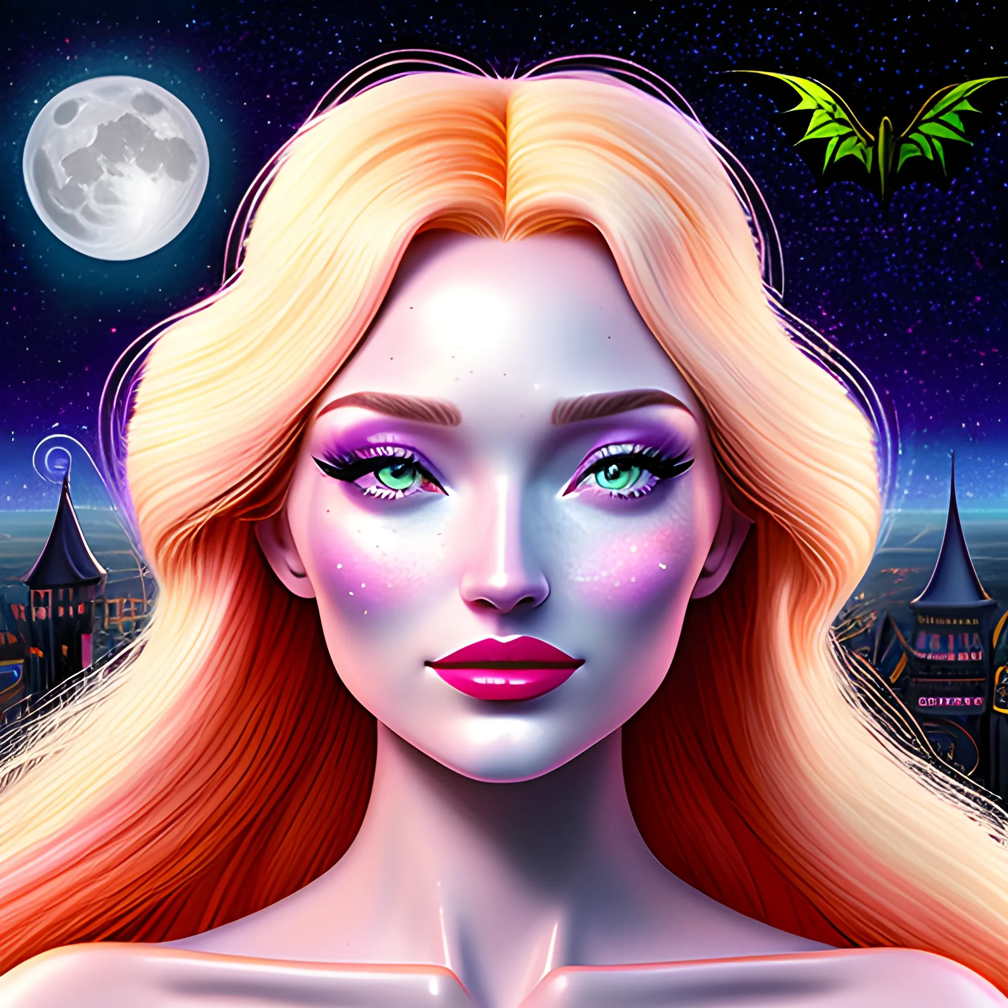 hyperdetailed oil on canvas, young Dove Cameron / Elsa Hosk / Gemma Ward face morph, pale eyes, perfect face, long, blond multi-hued hair, as a Halloween Witch; full moon in a nebula sky, bats, pumpkins, purple, orange, luminous color sparkles; James R. Eads, Gawki, rajewel, Tania Rivilis, Dan Mumford, Lisa Frank, glitter, airbrush, Octane Render, volumetric lighting, beautiful lights, luminous color sparkles, glitter, effulgent light , 3D, Cartoon, Trippy