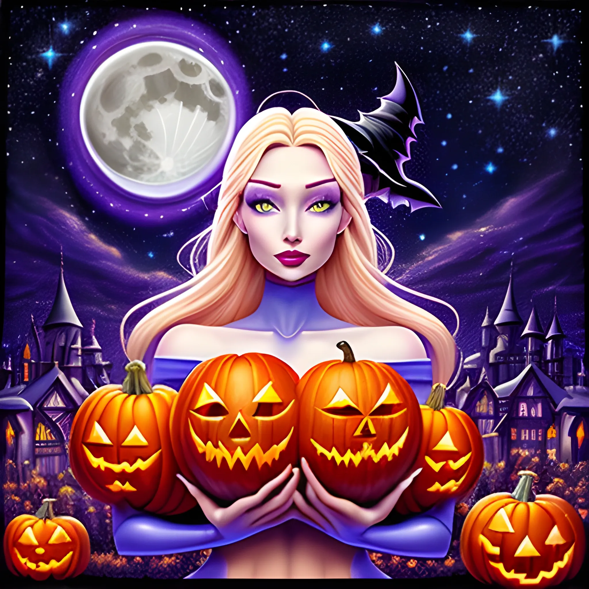 hyperdetailed oil on canvas, a Halloween Witch; young Dove Cameron / Elsa Hosk / Gemma Ward face morph, pale eyes, perfect face, long, blond multi-hued hair, full moon in a nebula sky, bats, pumpkins, purple, orange, luminous color sparkles; James R. Eads, Gawki, rajewel, Tania Rivilis, Dan Mumford, Lisa Frank, glitter, airbrush, Octane Render, volumetric lighting, beautiful lights, luminous color sparkles, glitter, effulgent light , 3D, Cartoon, Trippy