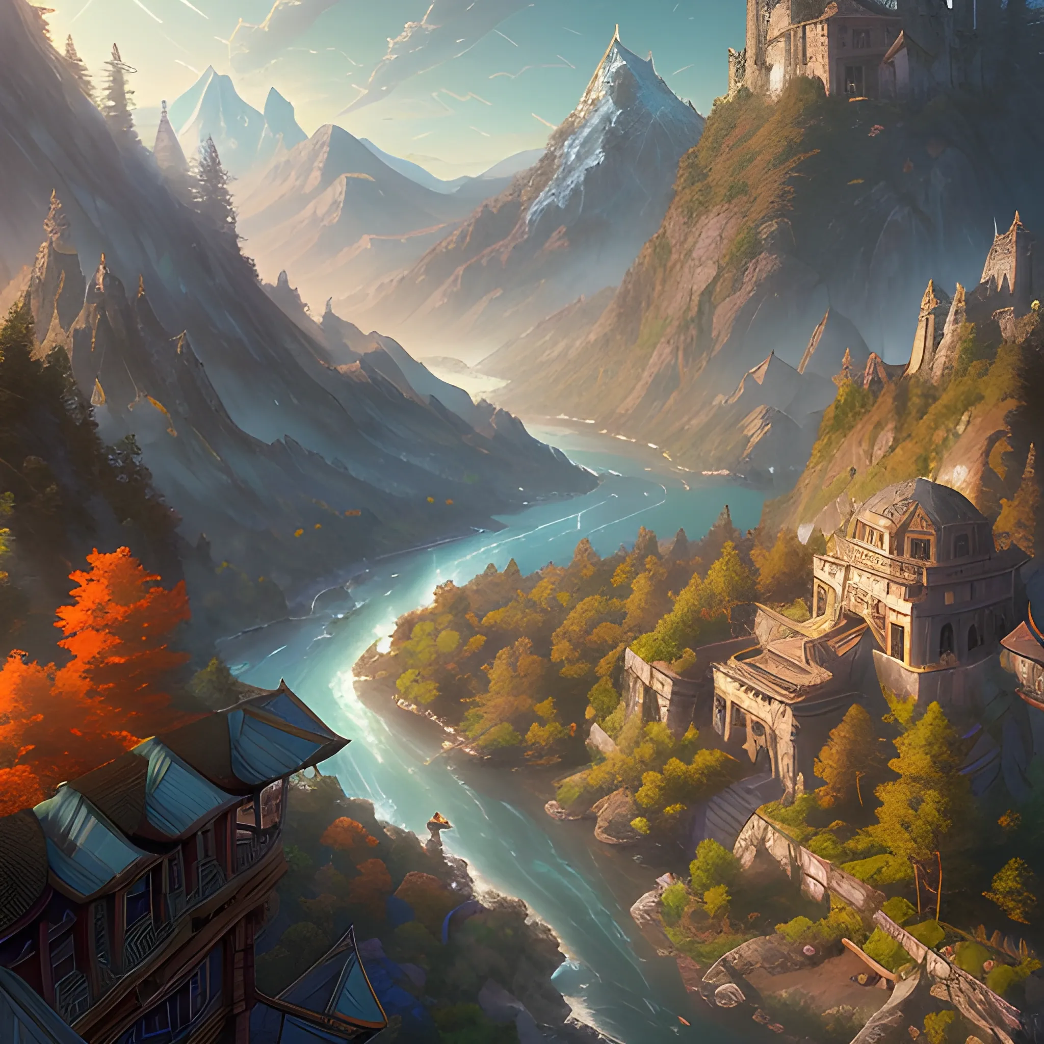 a birds eye view overlooking an ancient fantasy city surrounded by mountains and trees of greens and browns, rivers and lakes by Jordan Grimmer, Asher Brown Durand and Ryan Dening, 8k, artstation, beautiful color pallette, Pencil Sketch, Trippy