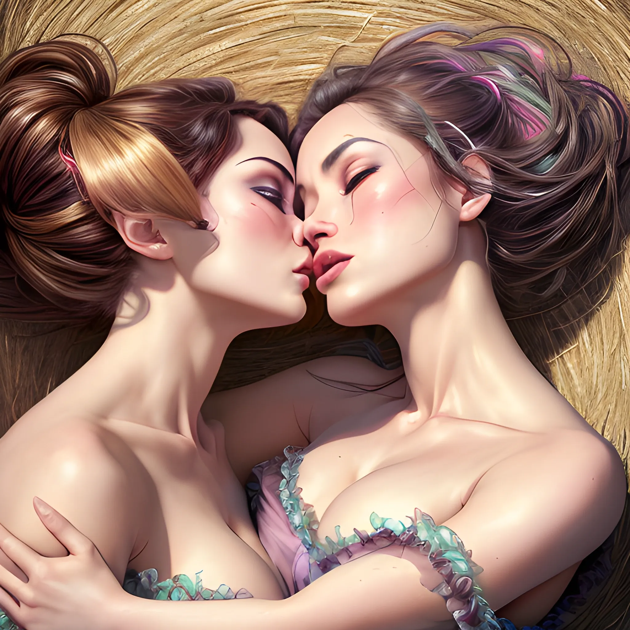 two hyper dynamically different beautiful barmaids dynamically lying on back hyper dynamically in haystack and hyper dynamically passionately kissing, hyper dynamic aerial shot, Fantastic painting portrait masterpiece by Karol Bak, Zhaoming Wu, Akihito Yoshida, bokeh, beautiful hyper dynamic cleavage, hyper dynamically fondling, hyper lover dynamic, hyper dynamic, hyper perfect anatomy, hyper dynamic zoom, hyper enticing dynamic, hyper flirty dynamic, hyper passionate dynamic laying on back kissing pose, arched back dynamic, hyper flirty expressions dynamic, pressed together and dynamically touching each other, skin shine, hyper dynamic hay covered messy hair styles, bits of straw in hair, hyper beautiful face, hyper realistic, hyper beautiful face, wearing hyper detailed hyper dynamic pastel off shoulder peasant dress with corset, hyper detailed aerial shot of haystack background, HD, 8k, photography