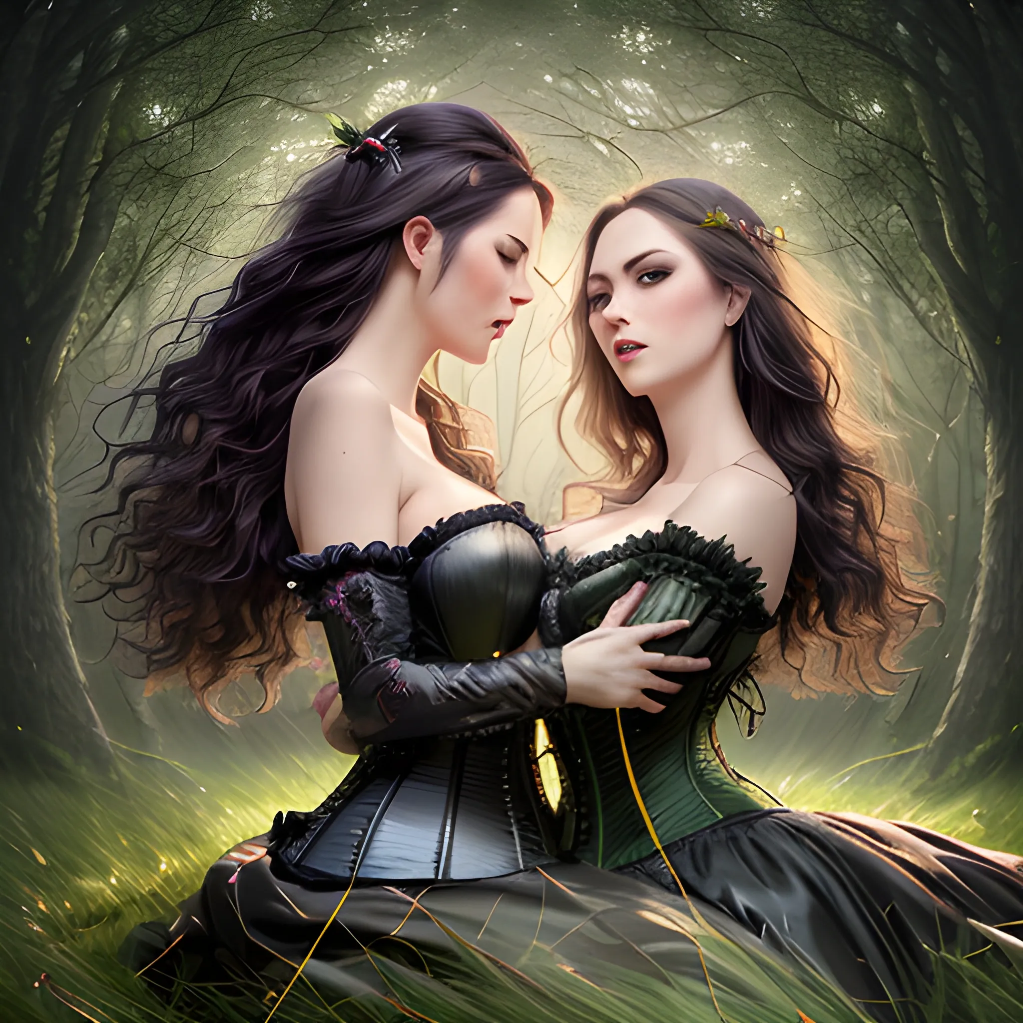 Two hyper beautiful witches dynamically lying in moonlit grass kissing hyper dynamically in hyper haunted woodland, hyper dynamic aerial shot, Fantastic painting portrait masterpiece by Karol Bak, Zhaoming Wu, Akihito Yoshida, bokeh, beautiful hyper dynamic cleavage, hyper dynamically hands untying corset, hyper lover dynamic, hyper dynamic, hyper perfect anatomy, hyper dynamic zoom, hyper enticing dynamic, hyper flirty dynamic, hyper passionate dynamic lying in moonlit grass kissing pose, arched back dynamic, hyper flirty expressions dynamic, pressed together and dynamically touching each other, skin shine, hyper dynamic hair styles, shiny hair, hyper beautiful face, hyper realistic, hyper beautiful face, wearing hyper detailed hyper dynamic bright off shoulder peasant dress with corset, hyper detailed moonlit  grass in haunted woodland background, HD, 8k, photography