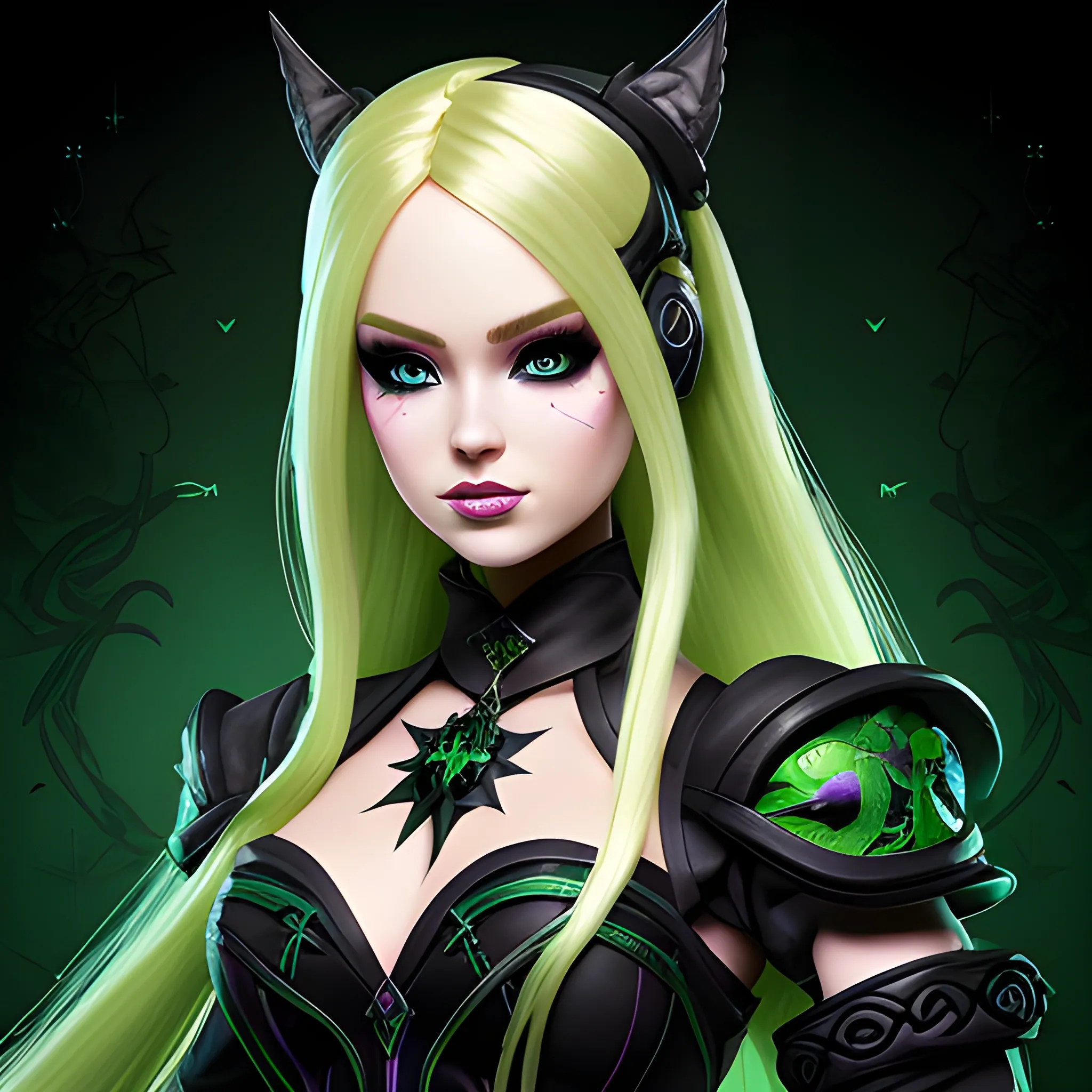 A hyper detailed, gaming style portrait of a beautiful woman, with beautiful barbie face, who is a character in a game like Dota 2, about magical adventures, witches and magicians, with blondie hair, wearing a fantasy style dark green and black wear, wrapped in black lines with beautiful dynamic background