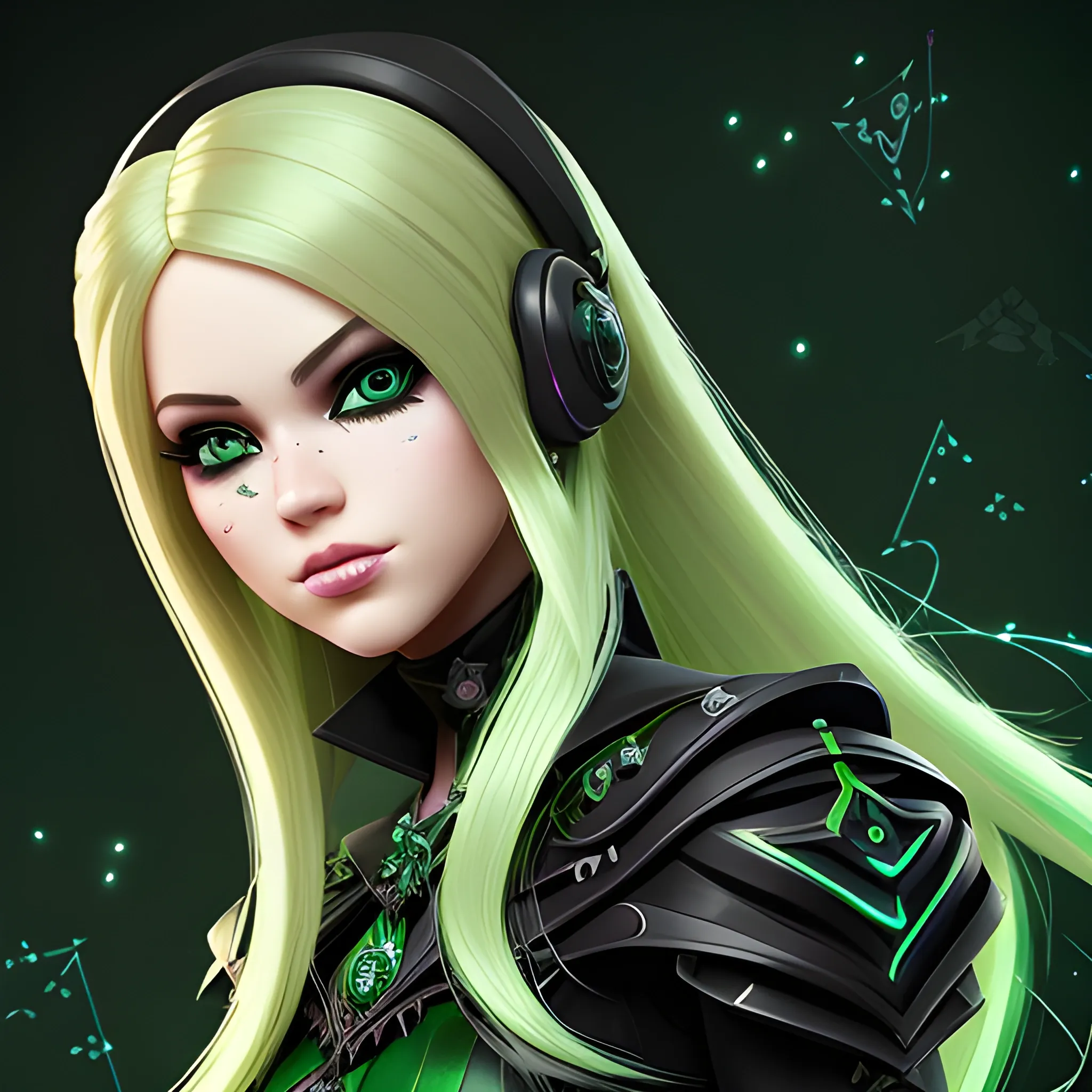 A hyper detailed, gaming style portrait of a beautiful woman, with beautiful barbie face, who is a character in a game like Dota 2, about magical adventures, witches and magicians, with blondie hair, wearing a fantasy style dark green and black wear, wrapped in black lines with beautiful dynamic background