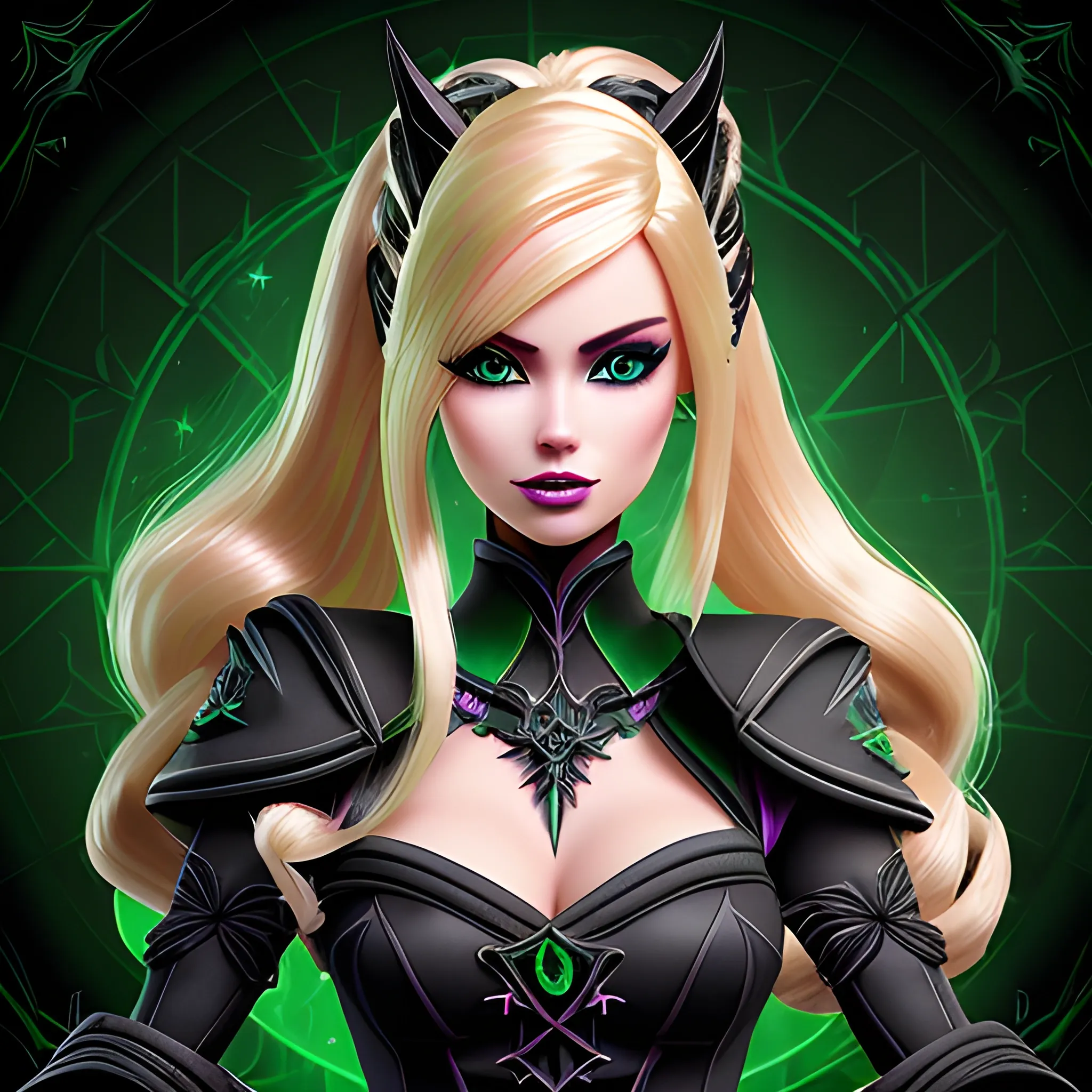 A hyper detailed, gaming style portrait of a beautiful woman, with beautiful barbie face, who is a character in a game like Dota 2, about magical adventures, witches and magicians, with blondie hair, wearing a fantasy style dark green and black wear, wrapped in black lines with beautiful dynamic background