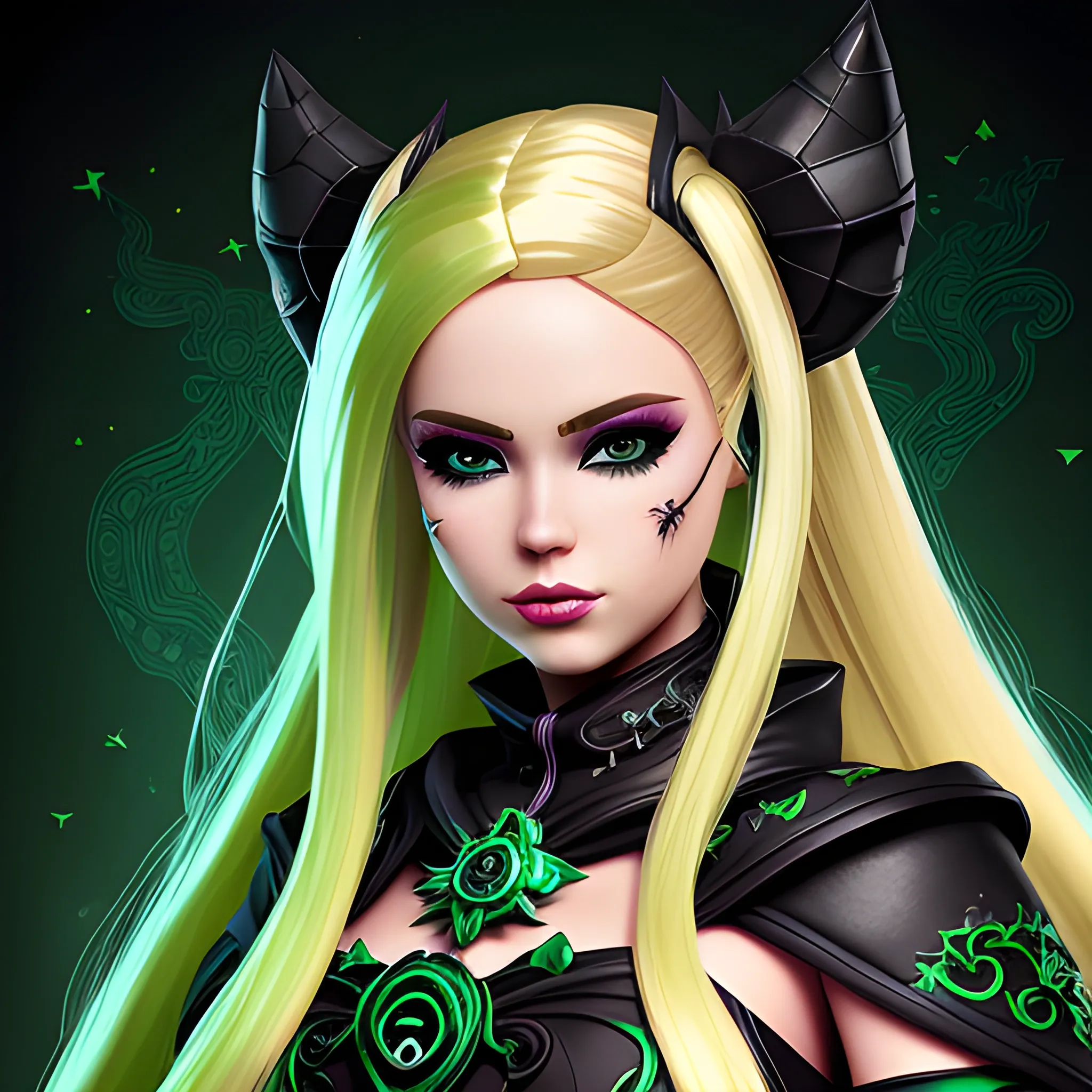 A hyper detailed, gaming style portrait of a beautiful woman, with beautiful barbie face, who is a character in a game like Dota 2, about magical adventures, witches and magicians, with blondie hair, wearing a fantasy style dark green and black wear, wrapped in black lines with beautiful dynamic background