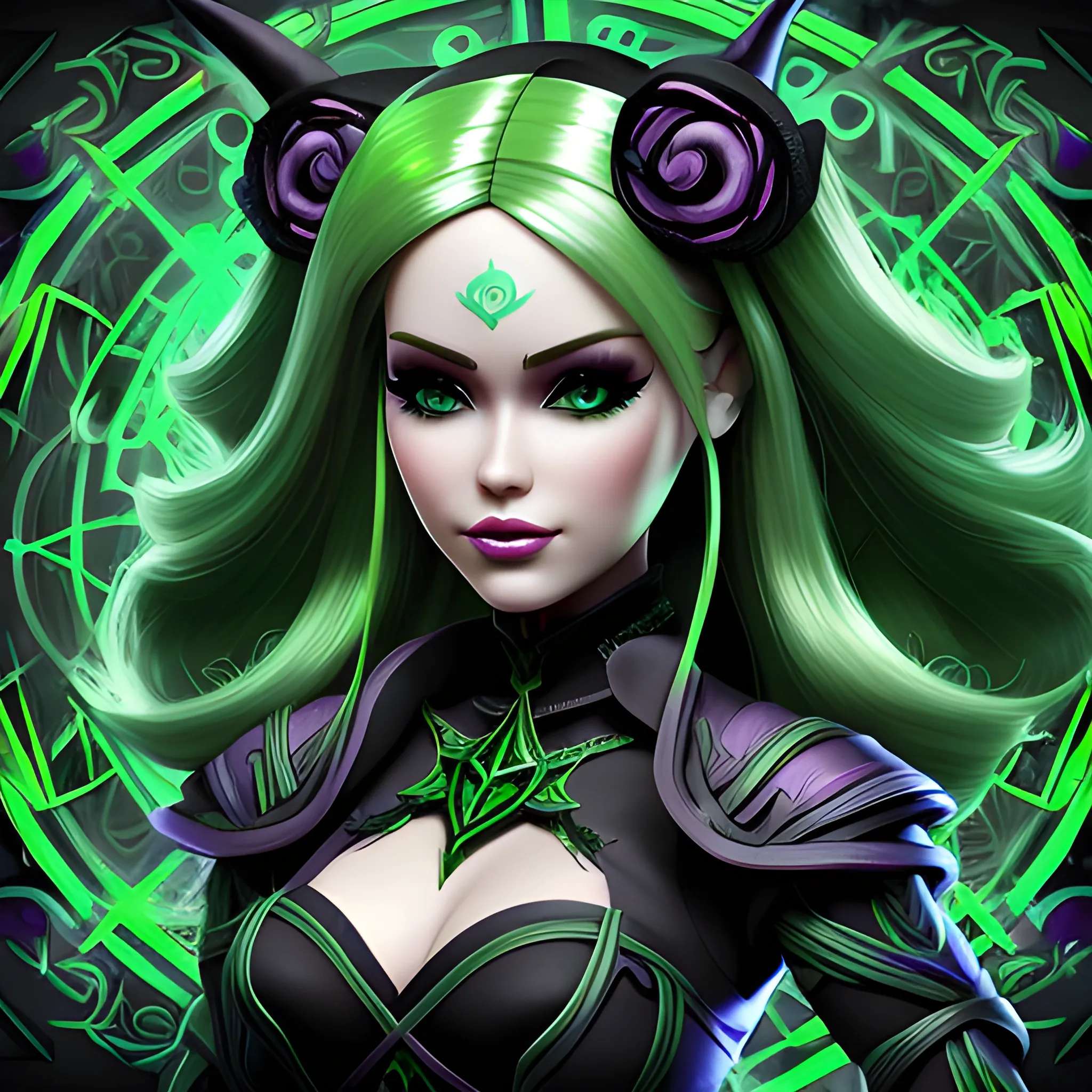 A hyper detailed, gaming style portrait of a beautiful woman, with beautiful barbie face, who is a character in a game like Dota 2, about magical adventures, witches and magicians, with blondie hair, wearing a fantasy style dark green and black wear, wrapped in black lines with beautiful dynamic background