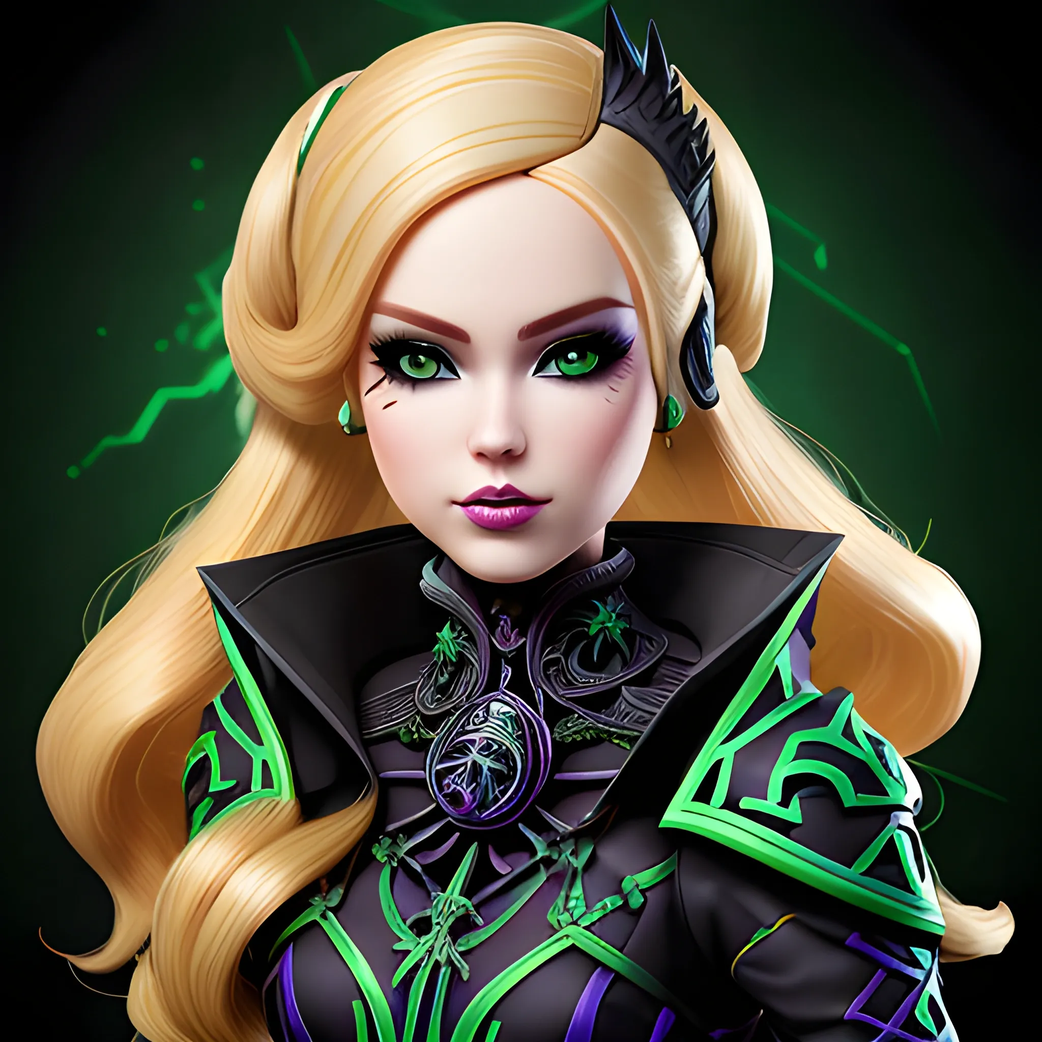 A hyper detailed, gaming style portrait of a beautiful woman, with beautiful barbie face, who is a character in a game like Dota 2, about magical adventures, witches and magicians, with blondie hair, wearing a fantasy style dark green and black wear, wrapped in black lines with beautiful dynamic background