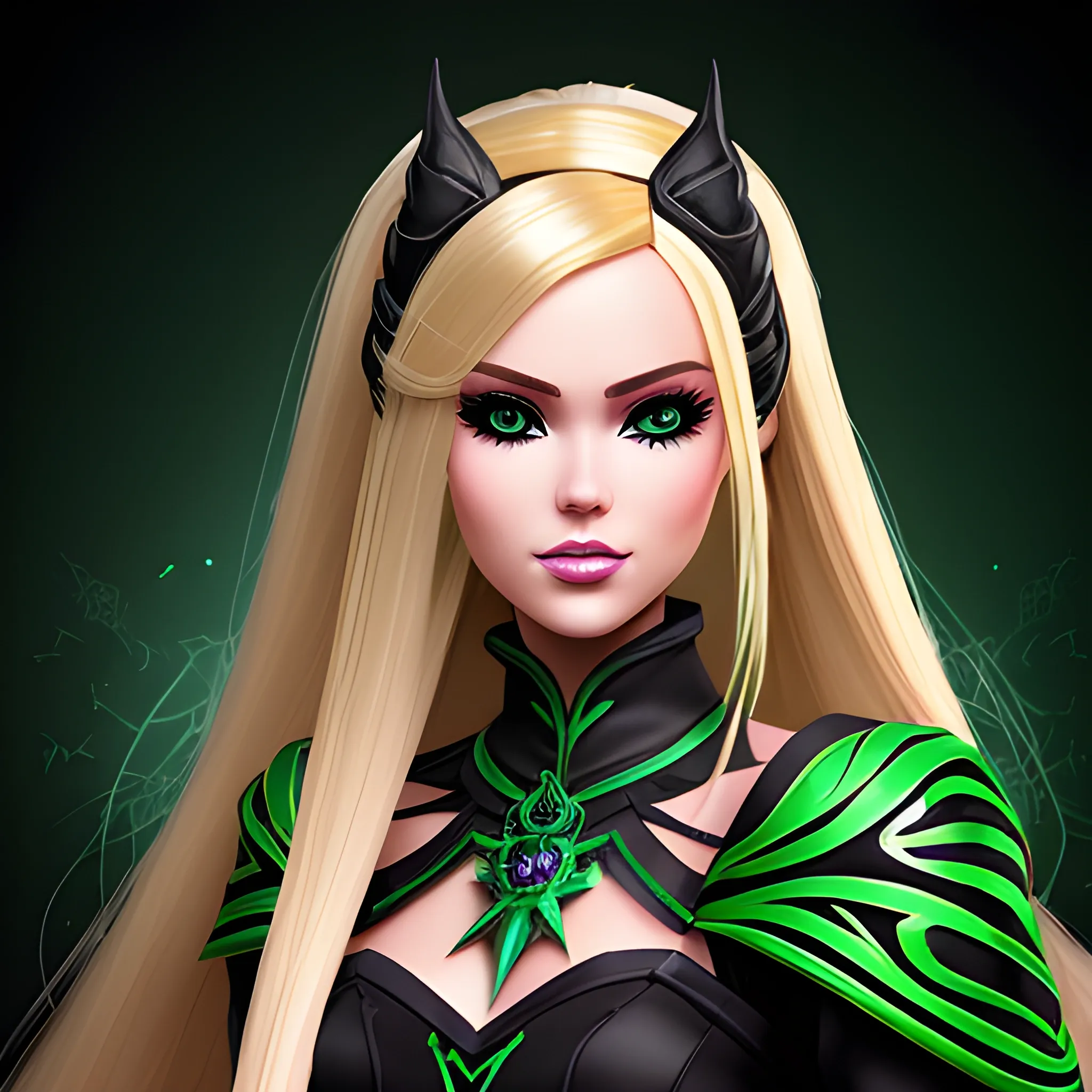 A hyper detailed, gaming style portrait of a beautiful woman, with beautiful barbie face, who is a character in a game like Dota 2, about magical adventures, witches and magicians, with blondie hair, wearing a fantasy style dark green and black wear, wrapped in black lines with beautiful dynamic background