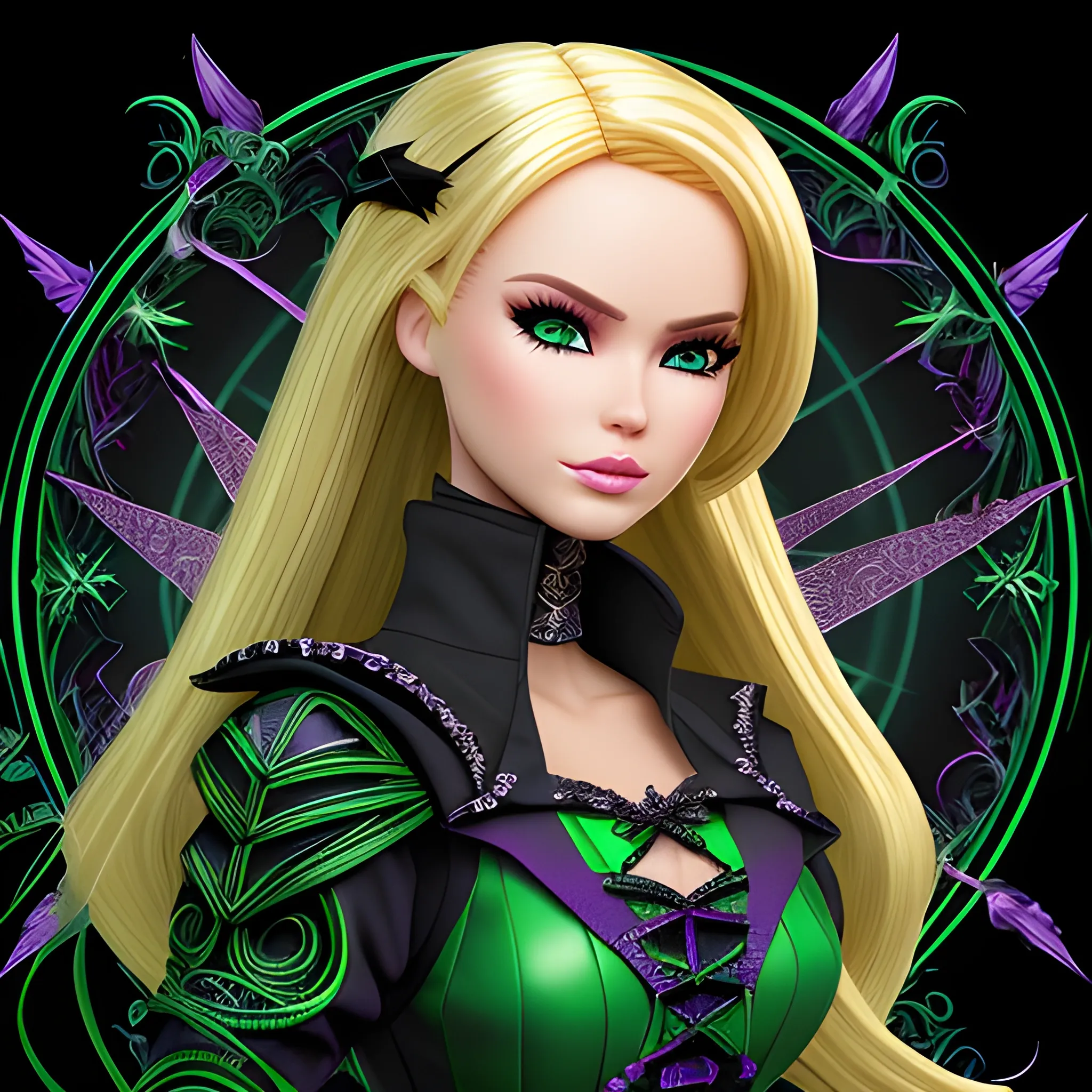 A hyper detailed, gaming style portrait of a beautiful woman, with beautiful barbie face, who is a character in a game about magical adventures, witches and magicians, with blondie hair, wearing a fantasy style dark green and black wear, wrapped in black lines with beautiful dynamic background