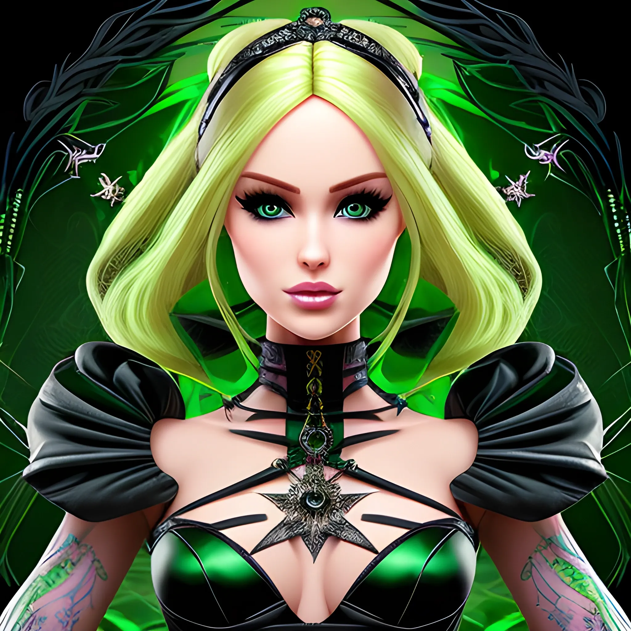 A hyper detailed, gaming style portrait of a beautiful woman, with beautiful barbie face, who is a character in a game about magical adventures, witches and magicians, with blondie hair, wearing a fantasy style dark green and black wear, wrapped in black lines with beautiful dynamic background
