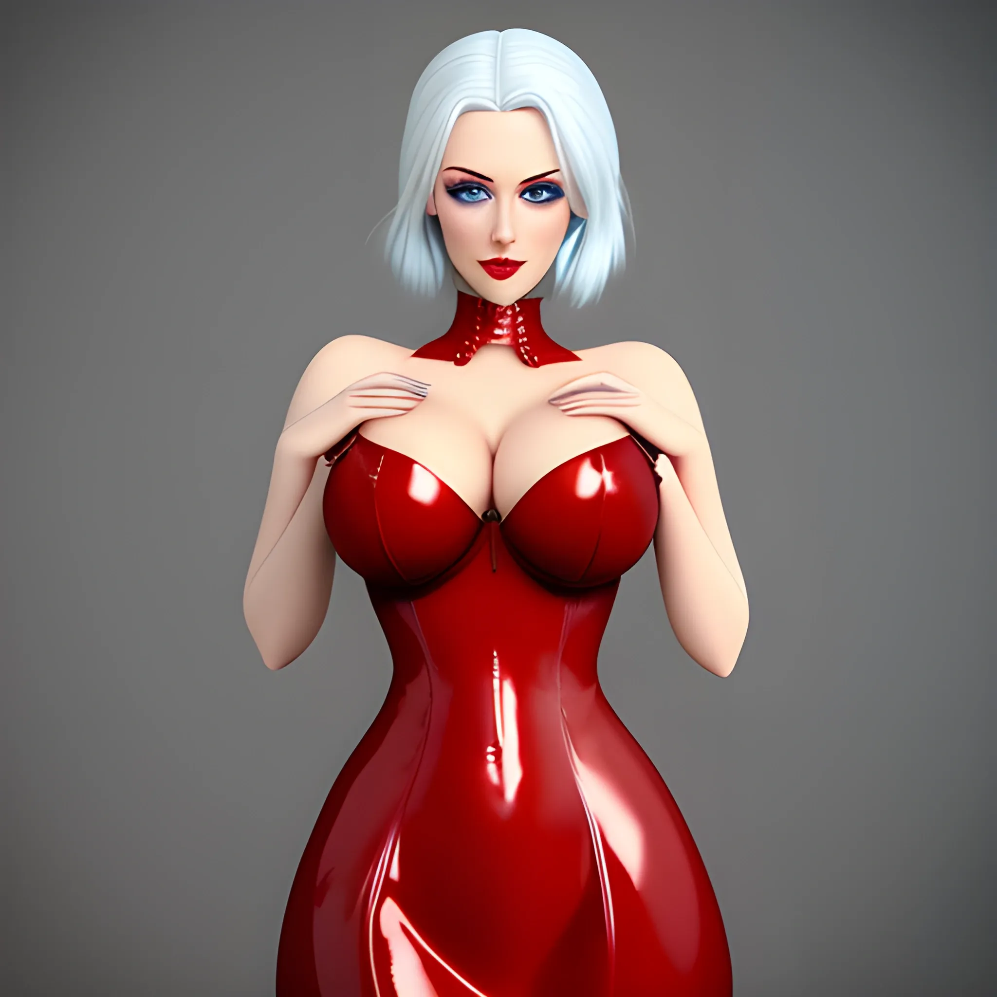 Create a photorealistic image of a cute young girl with white hair and light blue eyes, she has small breasts that are naked and visible, she wears a red dress from the Victorian era in latex and leather, she holds a doll in her hands, Pretty eyes, Sweet mouth, Highest level of detail