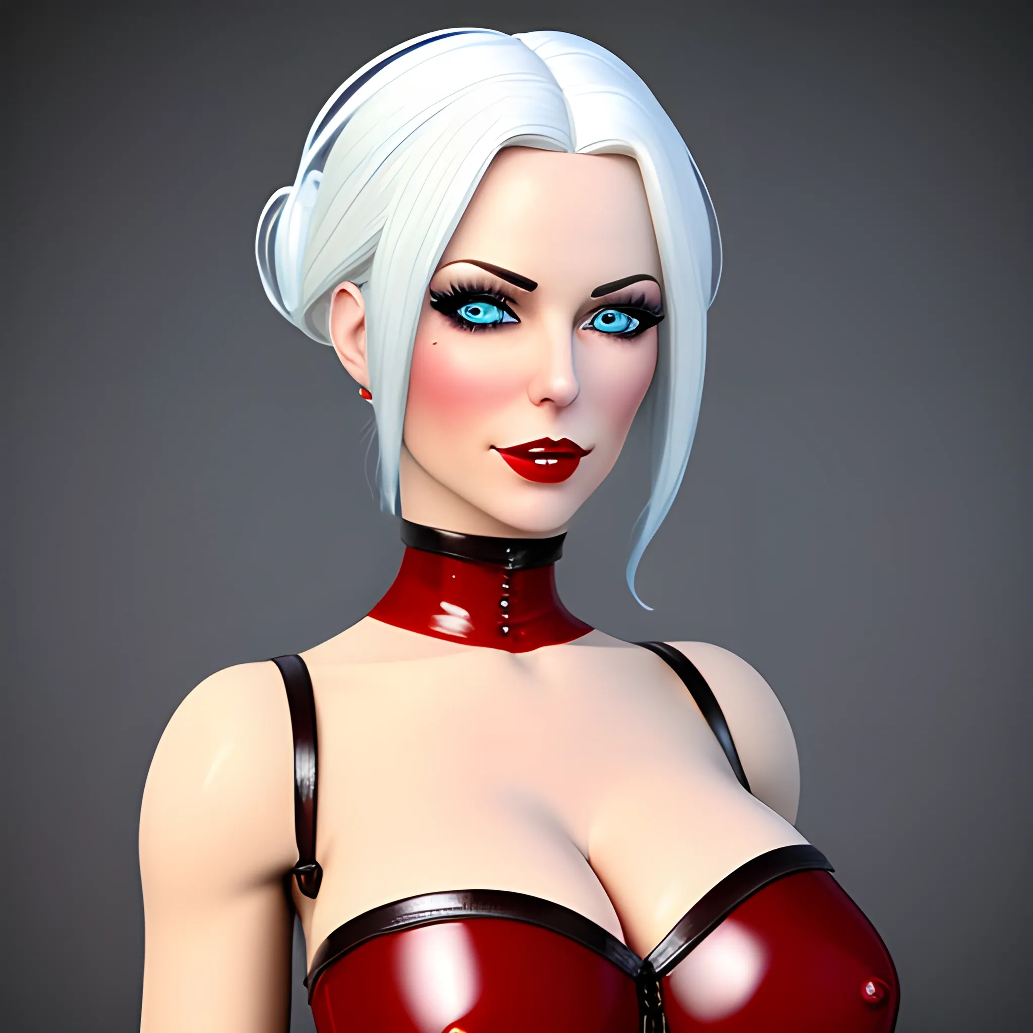 Create a photorealistic image of a cute young girl with white hair and light blue eyes, she has small breasts that are naked and visible, she wears a red dress from the Victorian era in latex and leather, she holds a doll in her hands, Pretty eyes, Sweet mouth, Highest level of detail