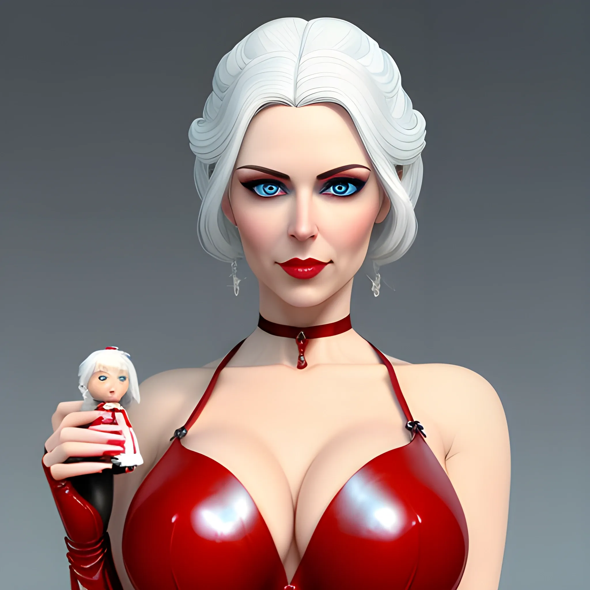 Create a photorealistic image of a cute young girl with white hair and light blue eyes, she has small breasts that are naked and visible, she wears a red dress from the Victorian era in latex and leather, she holds a doll in her hands, pretty eyes, sweet mouth, whole body visible, Highest level of detail