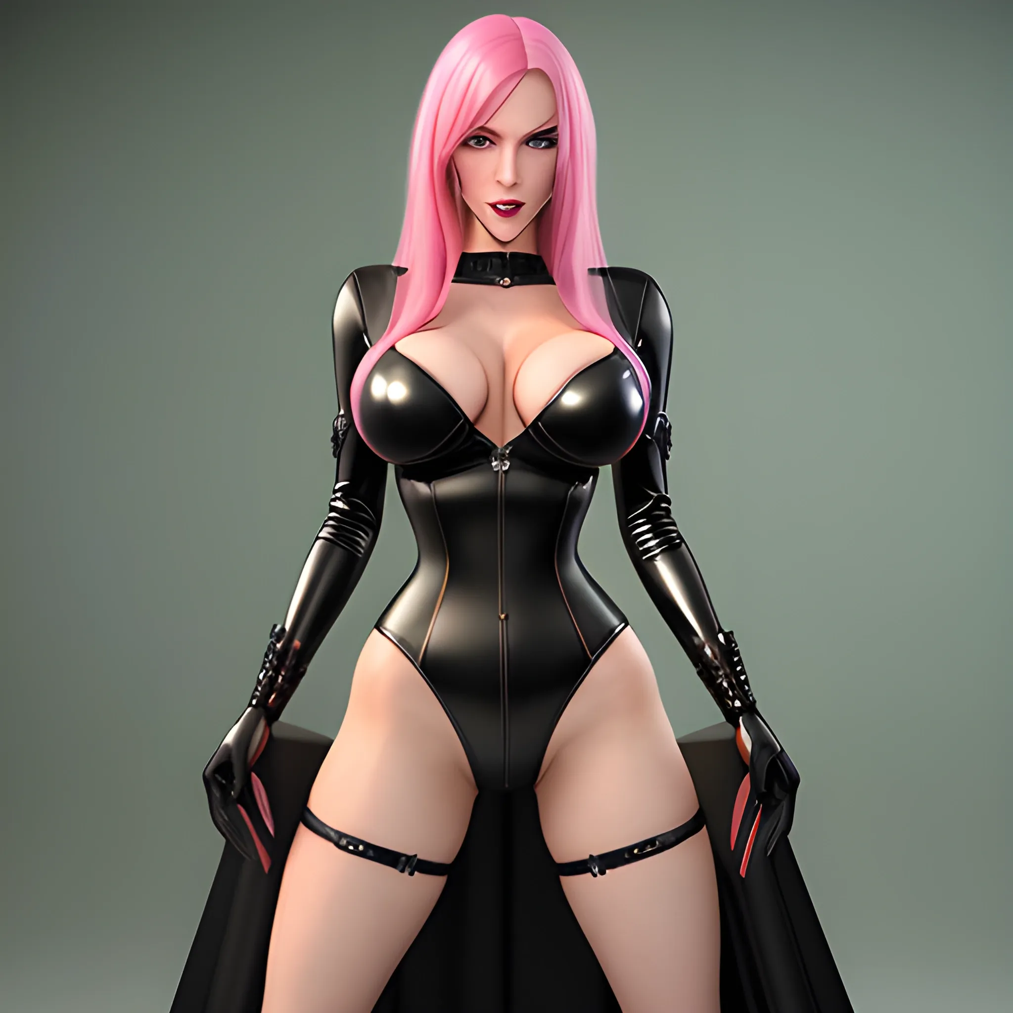 Create a photorealistic image of a cute young girl with long pink hair and light green eyes, she has small breasts, she is wearing a shiny dark medieval dress in latex and leather, breasts naked, breasts visible, pretty eyes, sweet mouth, whole body visible, highest level of detail