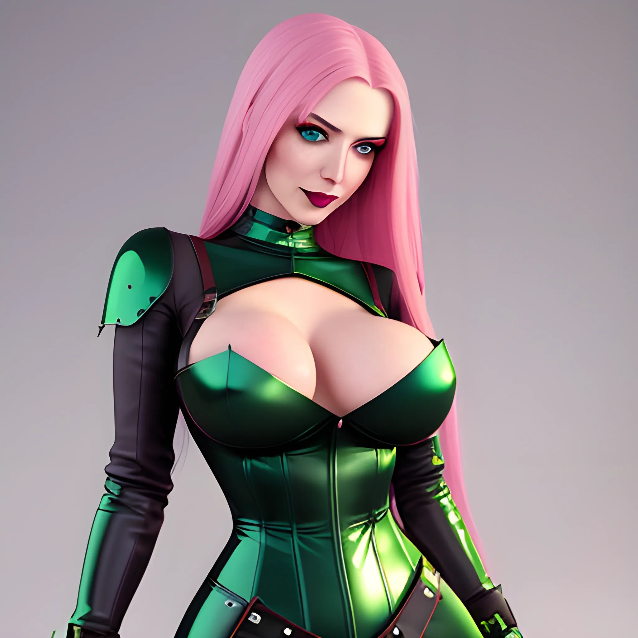 Create a photorealistic image of a cute young woman with long pink hair and light green eyes, she has small breasts, she wears a shiny dark medieval dress in latex and leather, breasts naked, breasts visible, pretty eyes, sweet mouth, whole body visible, highest level of detail