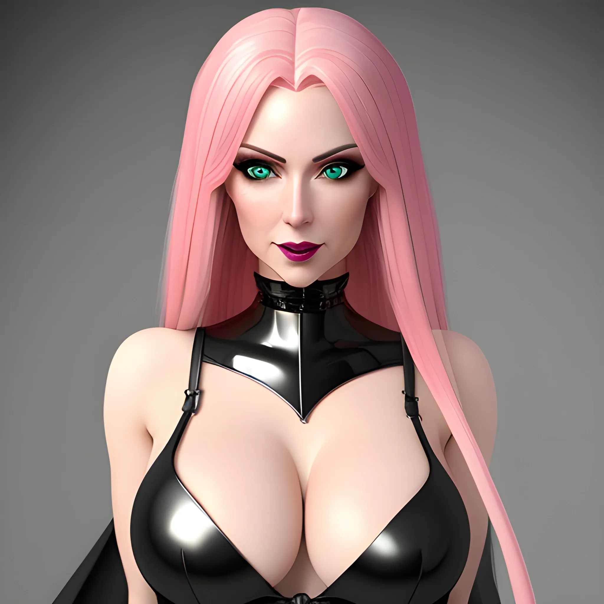 Create a photorealistic image of a cute young woman with long pink hair and light green eyes, she has small breasts, she wears a shiny dark medieval dress in latex and leather, breasts visible, pretty eyes, sweet mouth, whole body visible, highest level of detail