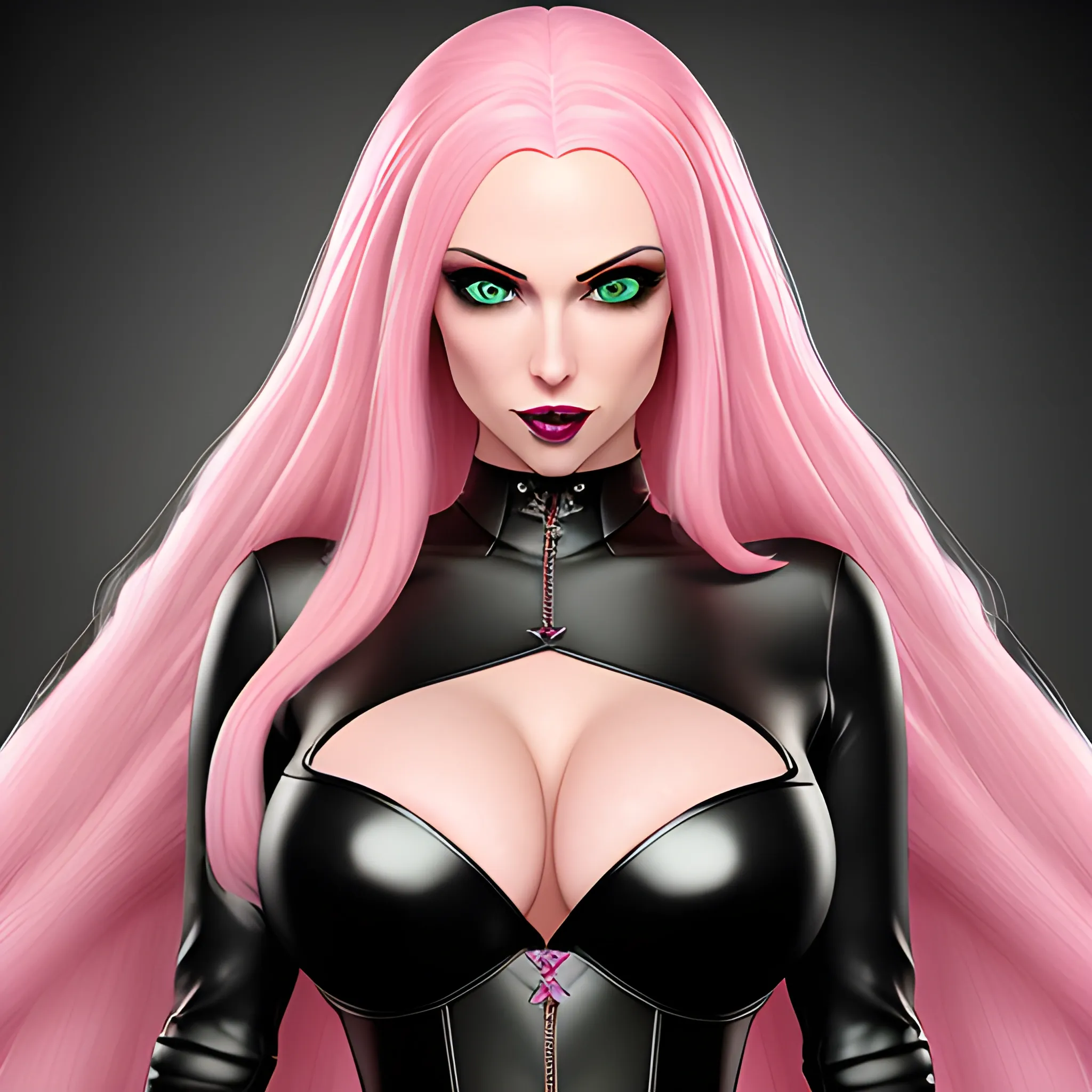 Create a photorealistic image of a cute young woman with long pink hair and light green eyes, she has small breasts, she wears a shiny dark medieval dress in latex and leather, breasts visible, pretty eyes, sweet mouth, whole body visible, highest level of detail
