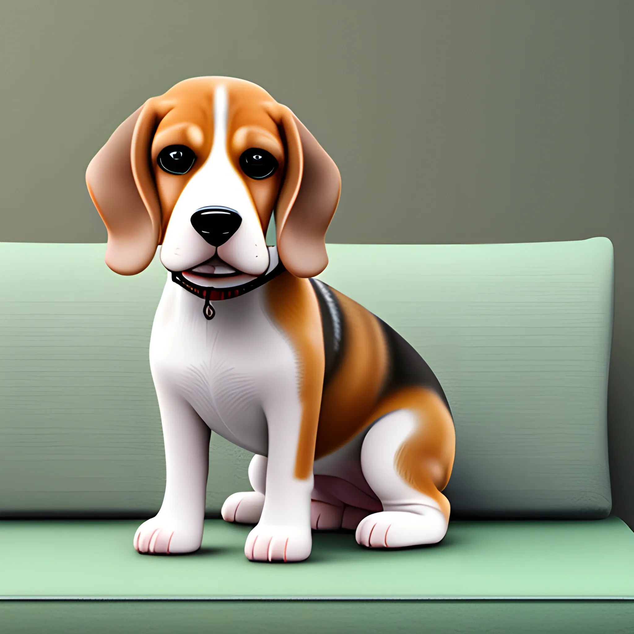 photorealistic beagle dog sitting on a sofa