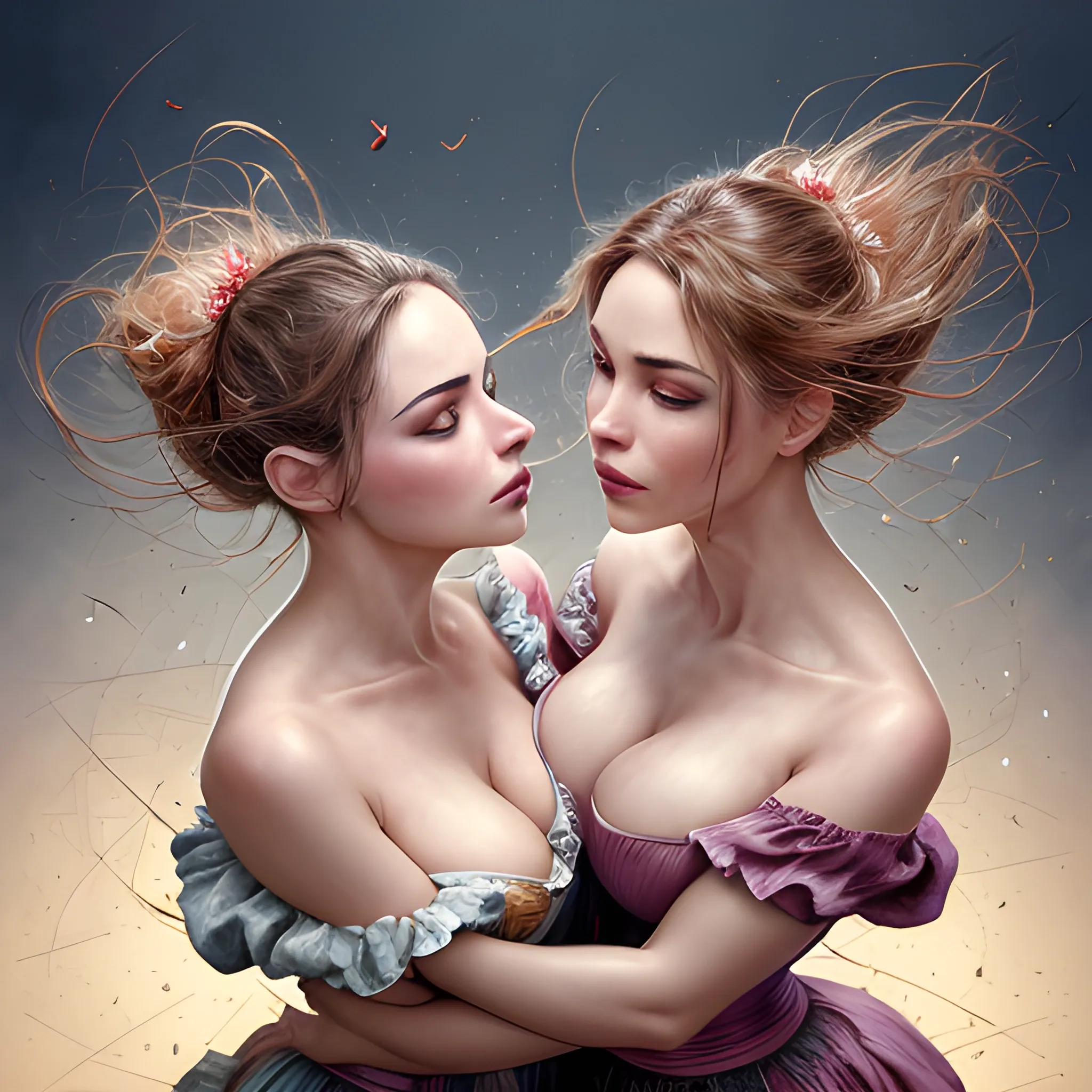 two hyper dynamically different beautiful barmaids dynamically lying on back hyper dynamically in haystack and hyper dynamically passionately kissing, hyper dynamic aerial shot, Fantastic painting portrait masterpiece by Karol Bak, Zhaoming Wu, Akihito Yoshida, bokeh, beautiful hyper dynamic cleavage, hyper dynamically fondling, hyper lover dynamic, hyper dynamic, hyper perfect anatomy, hyper dynamic zoom, hyper enticing dynamic, hyper flirty dynamic, hyper passionate dynamic laying on back kissing pose, arched back dynamic, hyper flirty expressions dynamic, pressed together and dynamically touching each other, skin shine, hyper dynamic hay covered messy hair styles, bits of straw in hair, hyper beautiful face, hyper realistic, hyper beautiful face, wearing hyper detailed hyper dynamic pastel off shoulder peasant dress with corset, hyper detailed aerial shot of haystack background, HD, 8k, photography