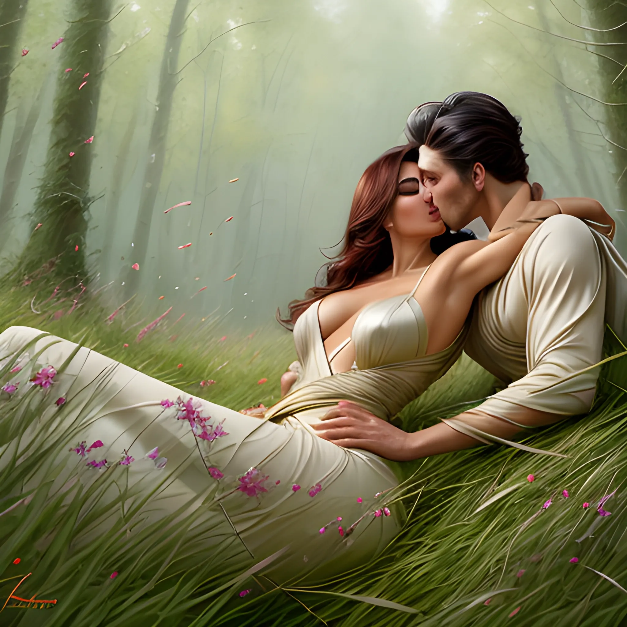 two hyper dynamically different beautiful ethnic girls hyper dynamically lying on back in grassy woodland clearing, hyper dynamically passionately kissing, hyper dynamic aerial shot, Fantastic painting portrait masterpiece by Karol Bak, Zhaoming Wu, Akihito Yoshida, bokeh, beautiful hyper dynamic cleavage, hyper dynamically fondling, hyper lover dynamic, hyper dynamic, hyper perfect anatomy, hyper dynamic zoom, hyper enticing dynamic, hyper flirty dynamic, hyper passionate dynamic laying on back kissing pose, arched back dynamic, hyper flirty expressions dynamic, pressed together and dynamically touching each other, skin shine, hyper dynamic hair styles, shiny hair, hyper beautiful face, hyper realistic, hyper beautiful face, wearing hyper detailed hyper dynamic bright silk off shoulder kimonos, hyper detailed dynamic aerial shot of grassy woodland clearing background, HD, 8k, photography