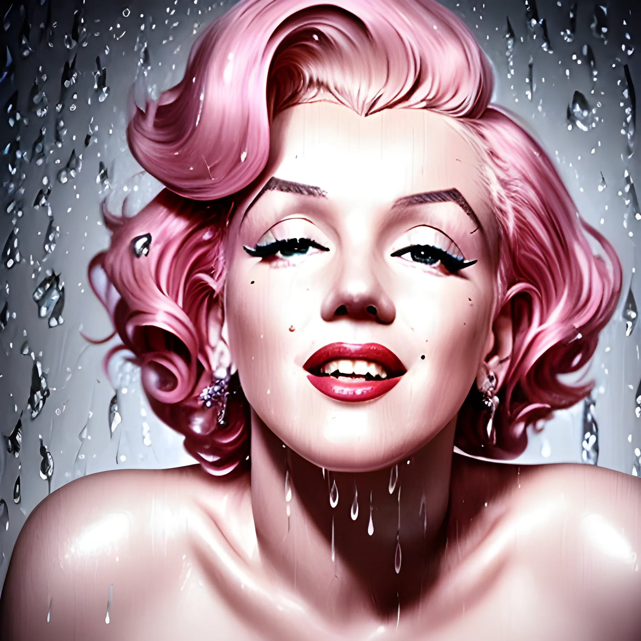 Marilyn Monroe, pink hair, highly detailed face and eyes, fashion photography, portrait, raindrops dripping from the body, very tall robust, straightbodied, not curvy at all, with a joyful expression on her face,  ultra realistic, punk rock,  

