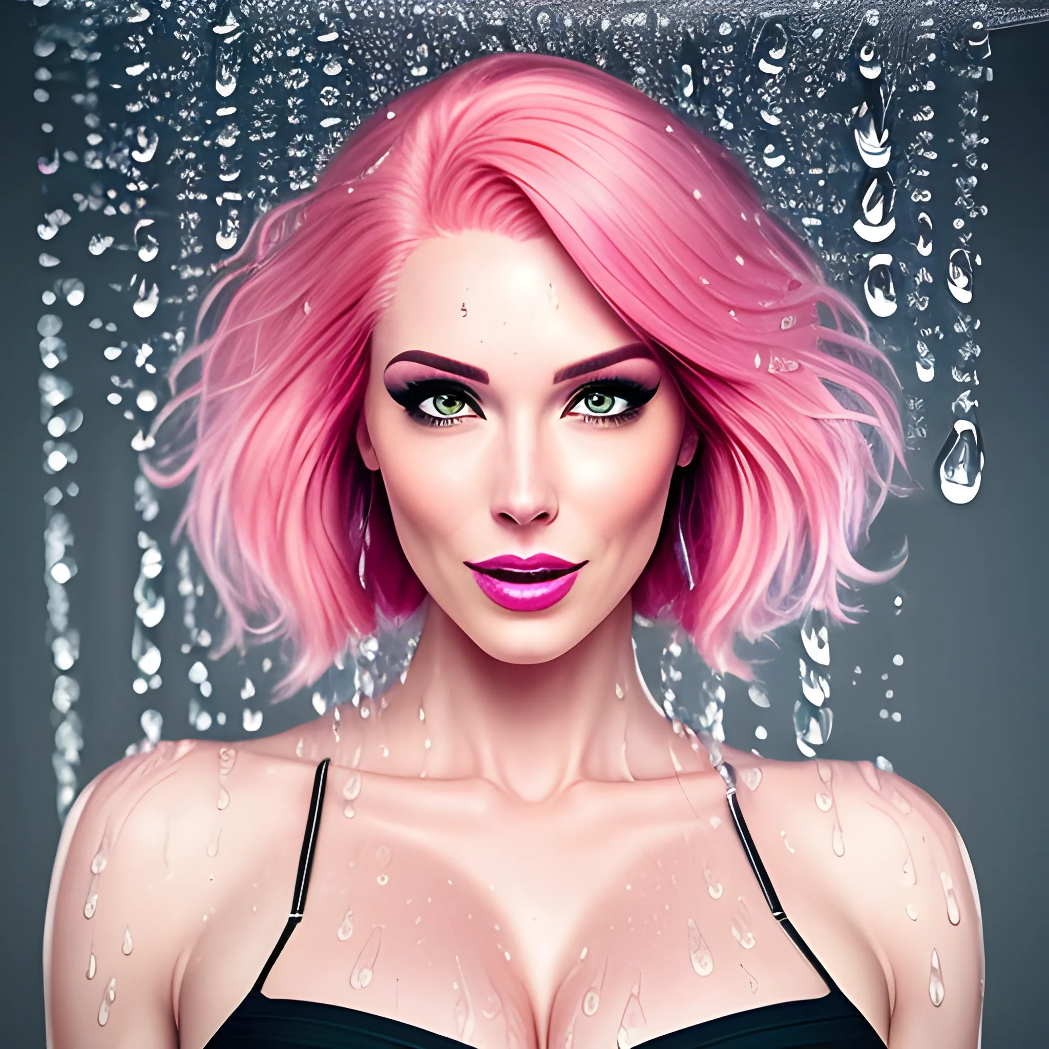 beautiful girl, pink hair, highly detailed face and body, tall robust, not curvy at all, , fashion photography, portrait, raindrops dripping from the body, with a joyful expression on her face,  ultra realistic  

