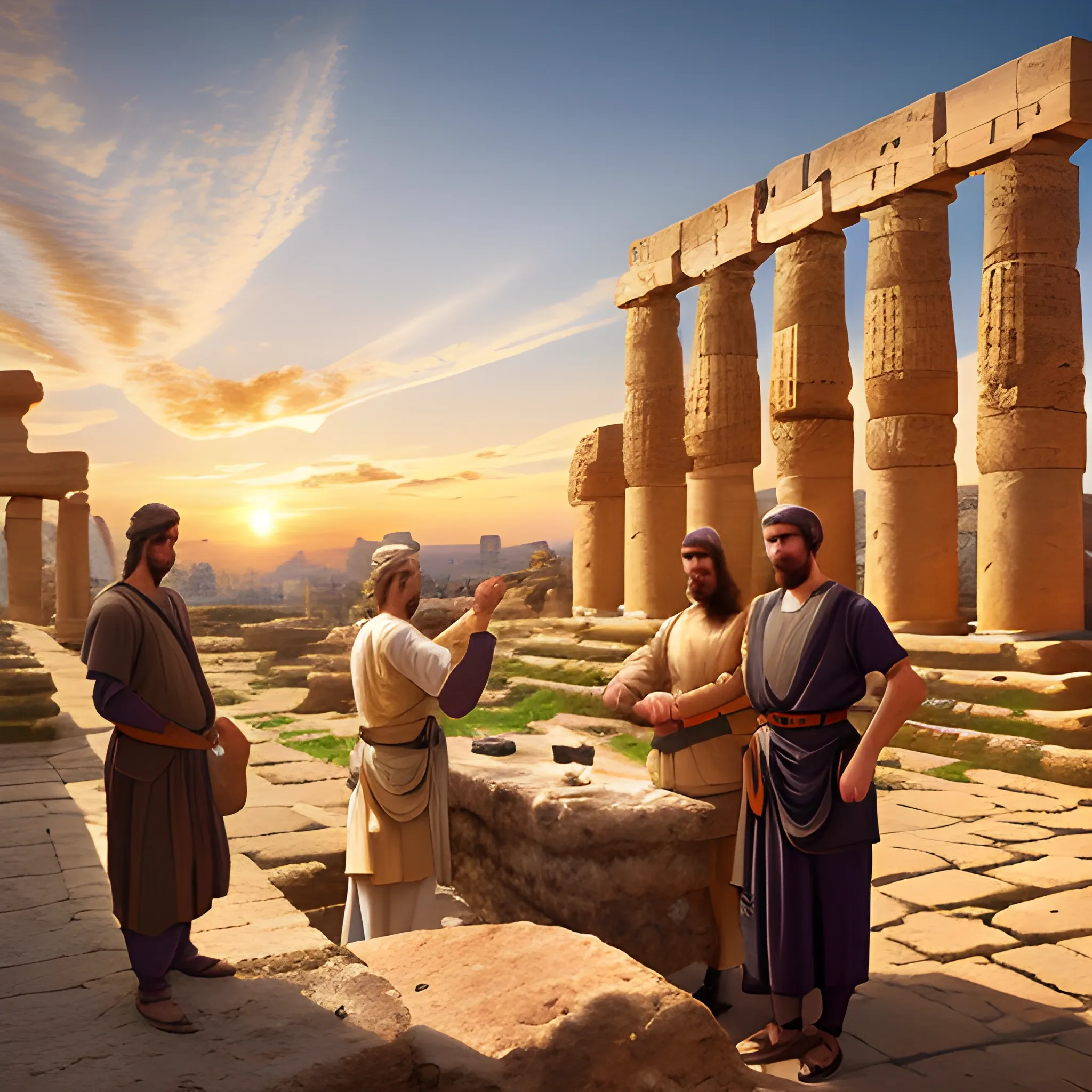 some men and women from ancient times. an ancient city in the background and the terrine looks like Afghanistan. Sunset time. ultra photo-realistic image