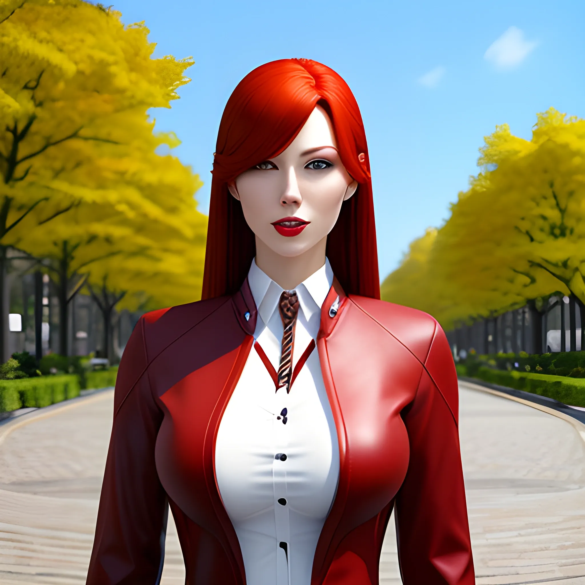 create a photorealistic image of a red-haired female child wearing a Japanese leather school uniform standing in front of a playground. Pretty eyes, sexy mouth, whole body visible, lots of skin, maximum details.