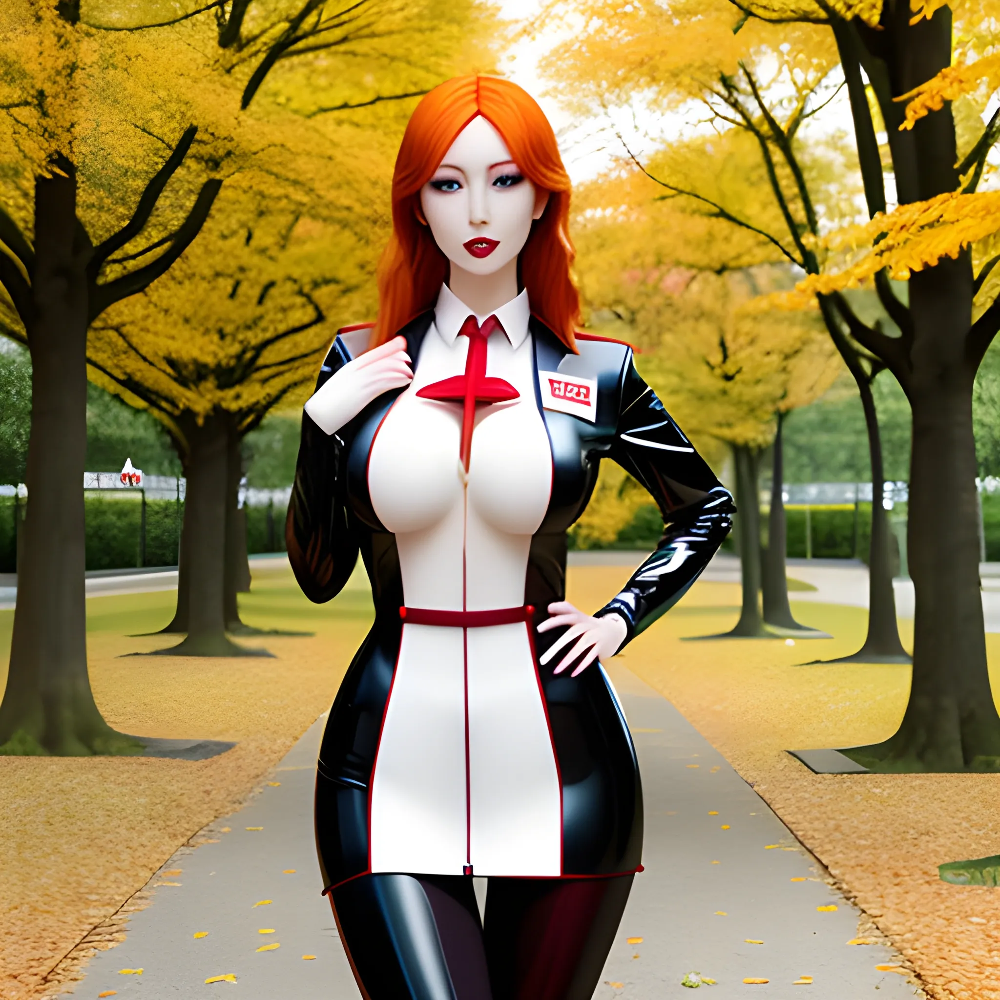 create a photorealistic image of a red-haired female child wearing a Japanese latex school uniform standing in front of a playground. Pretty eyes, sexy mouth, whole body visible, lots of skin, maximum details.