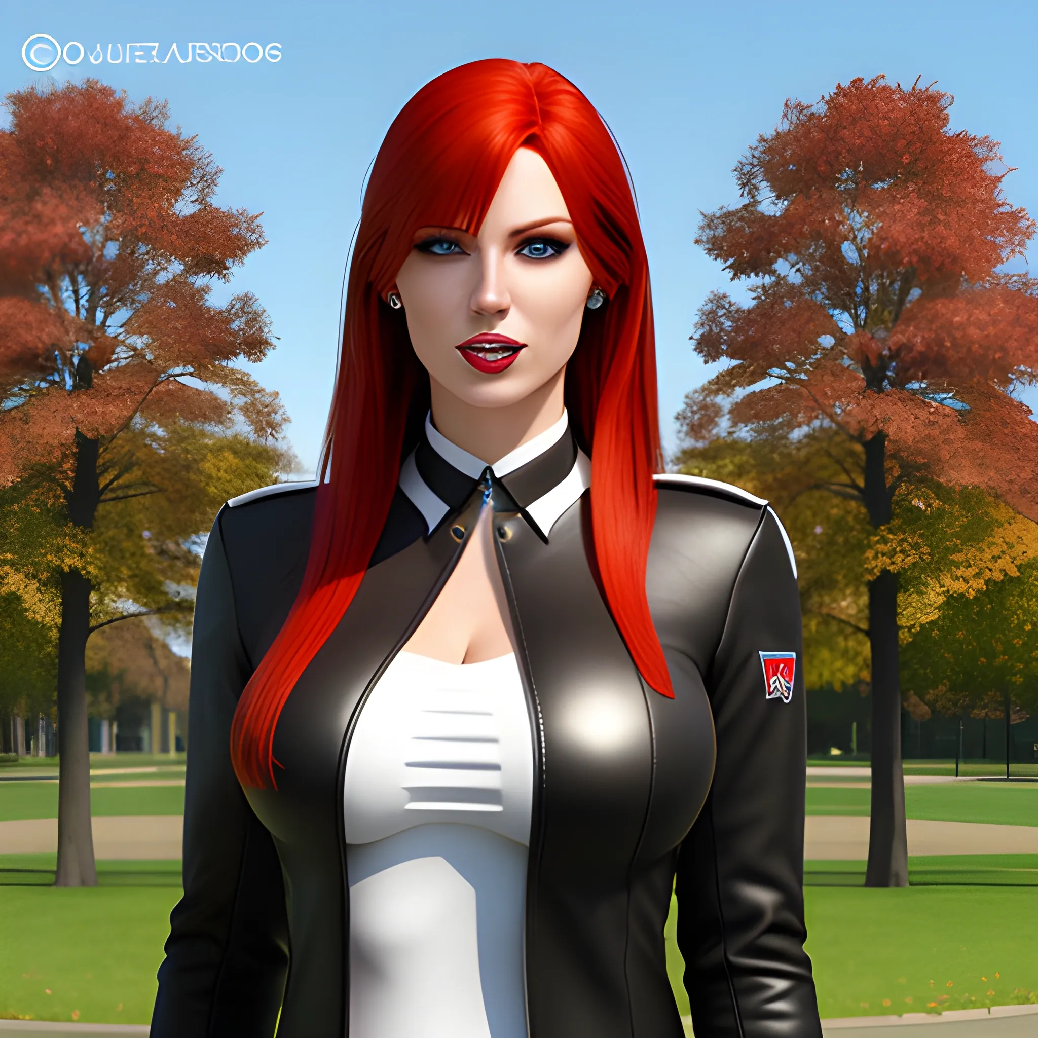 Create a photorealistic image of a red-haired female child wearing a leather English school uniform standing in front of a playground. Pretty eyes, sexy mouth, whole body visible, lots of skin, maximum details.